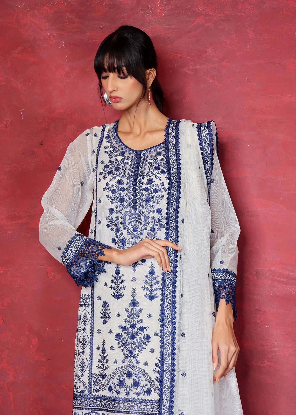 White and Blue Chikan Embroidered Organza Net Kurta (2-Piece) - Image 2