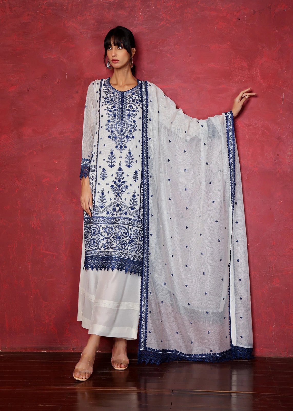 White and Blue Chikan Embroidered Organza Net Kurta (2-Piece) - Image 3