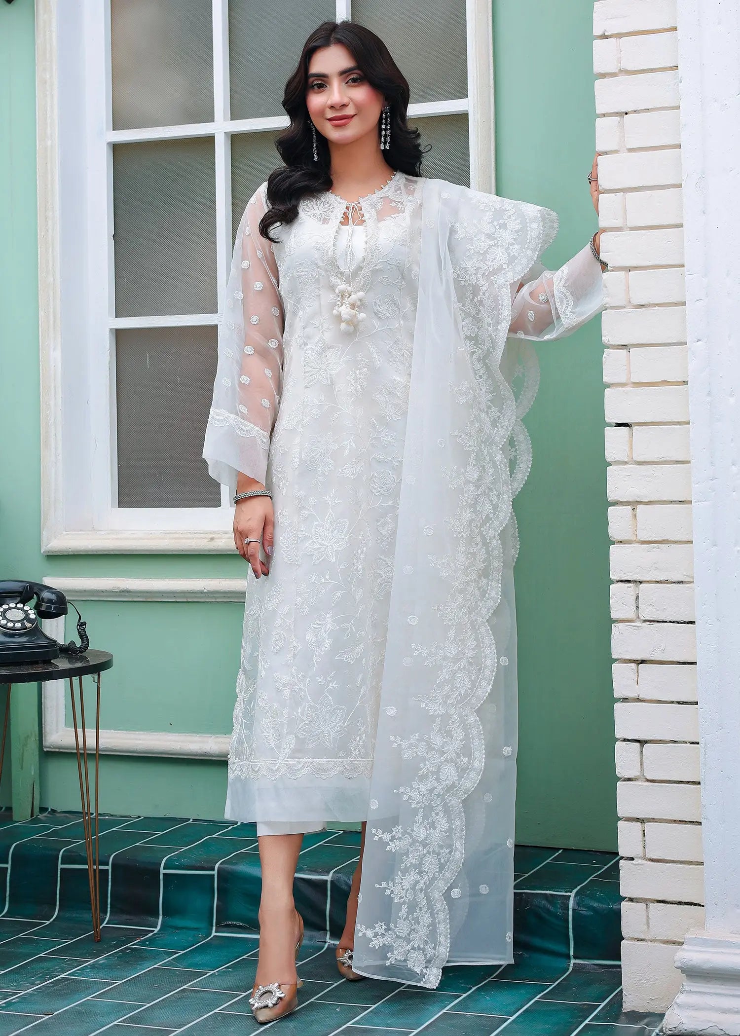 White Embroidered Organza 3-Piece Suit - Image 1
