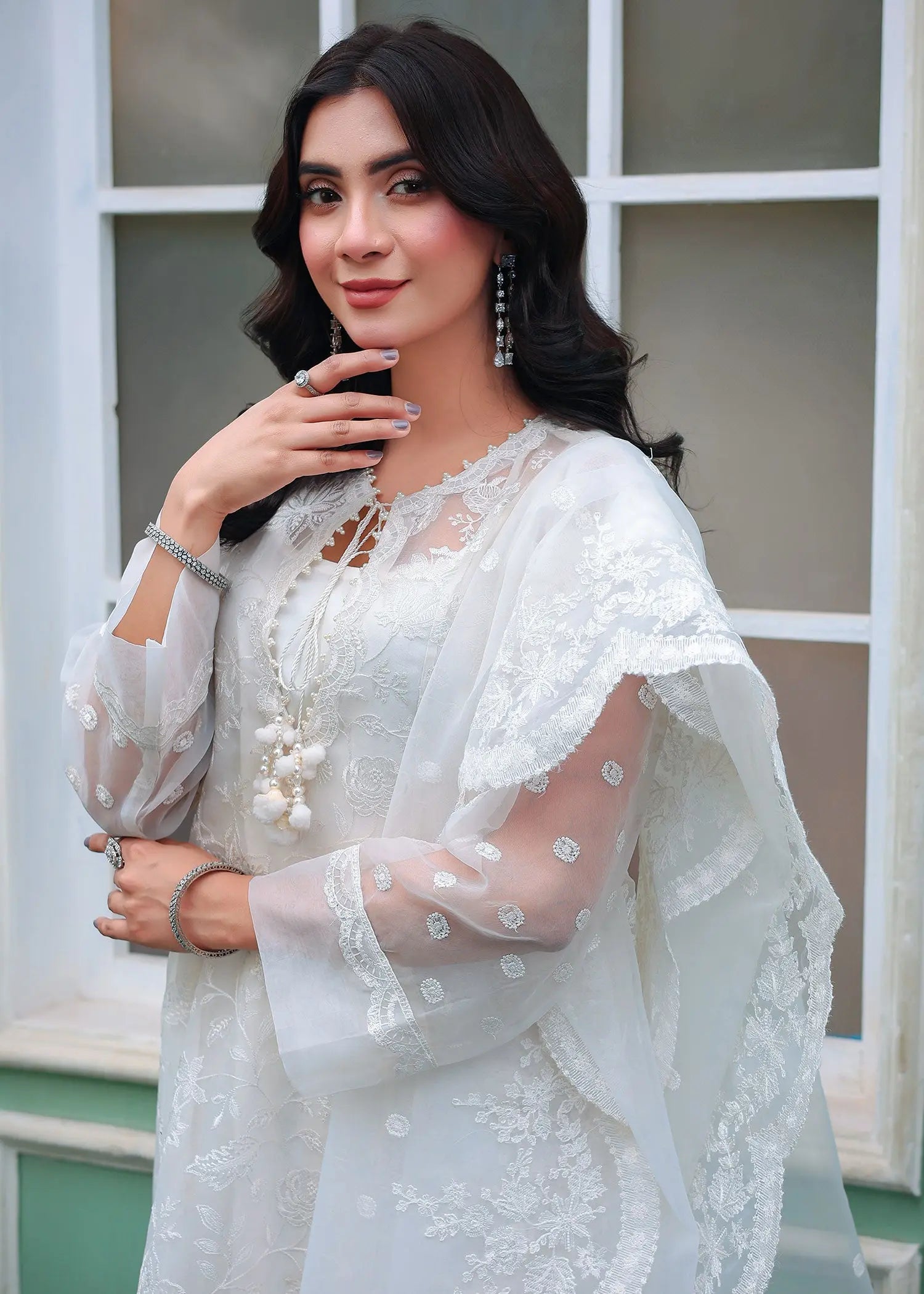 White Embroidered Organza 3-Piece Suit - Image 2