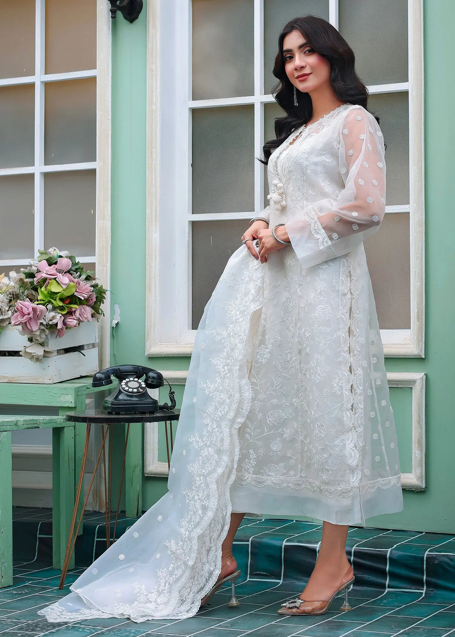 White Embroidered Organza 3-Piece Suit - Image 5