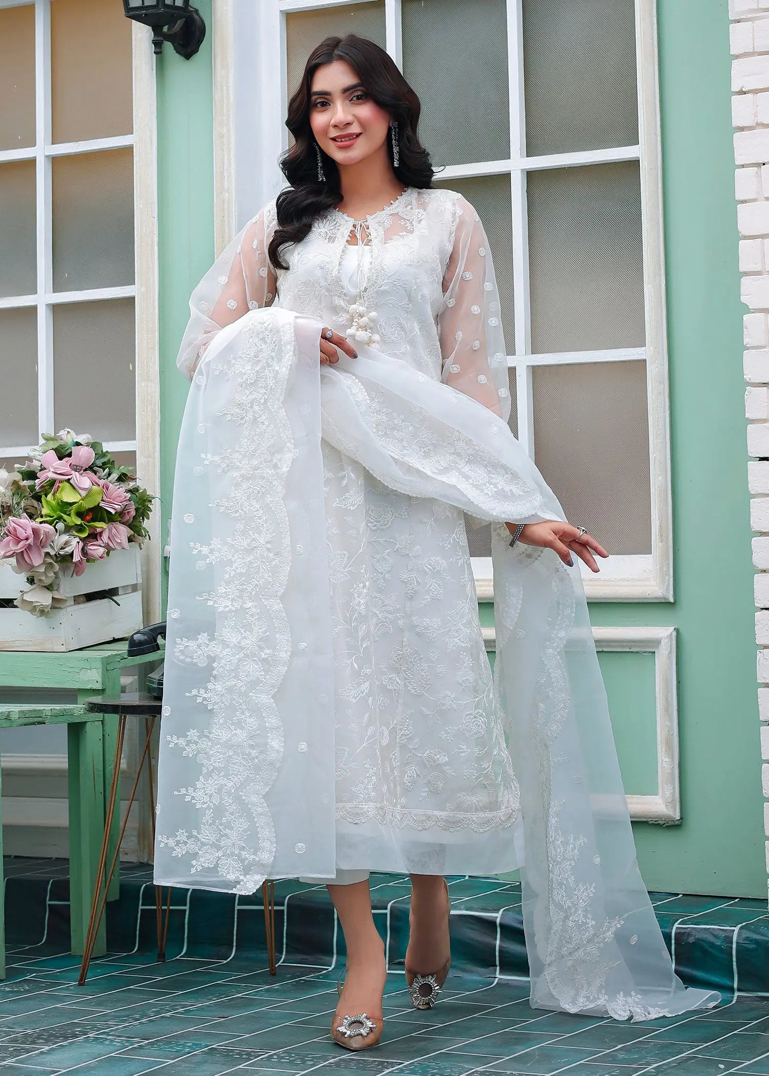White Embroidered Organza 3-Piece Suit - Image 6
