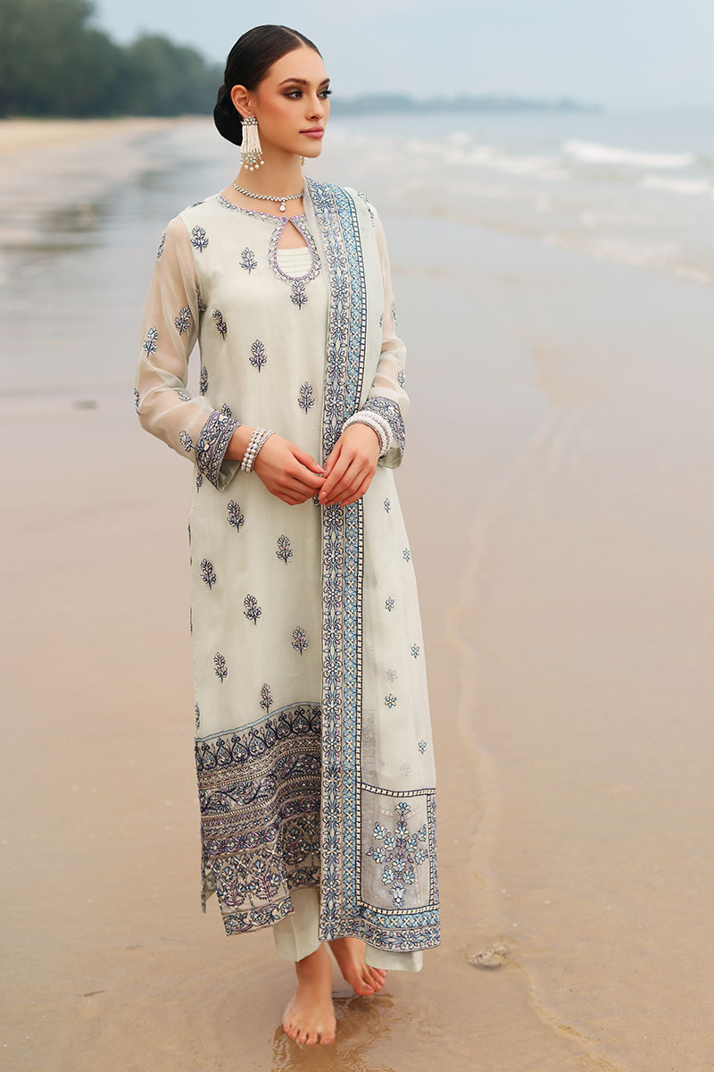 White & Blue Embroidered Organza Salwar Kameez (3-Piece) - Image 1