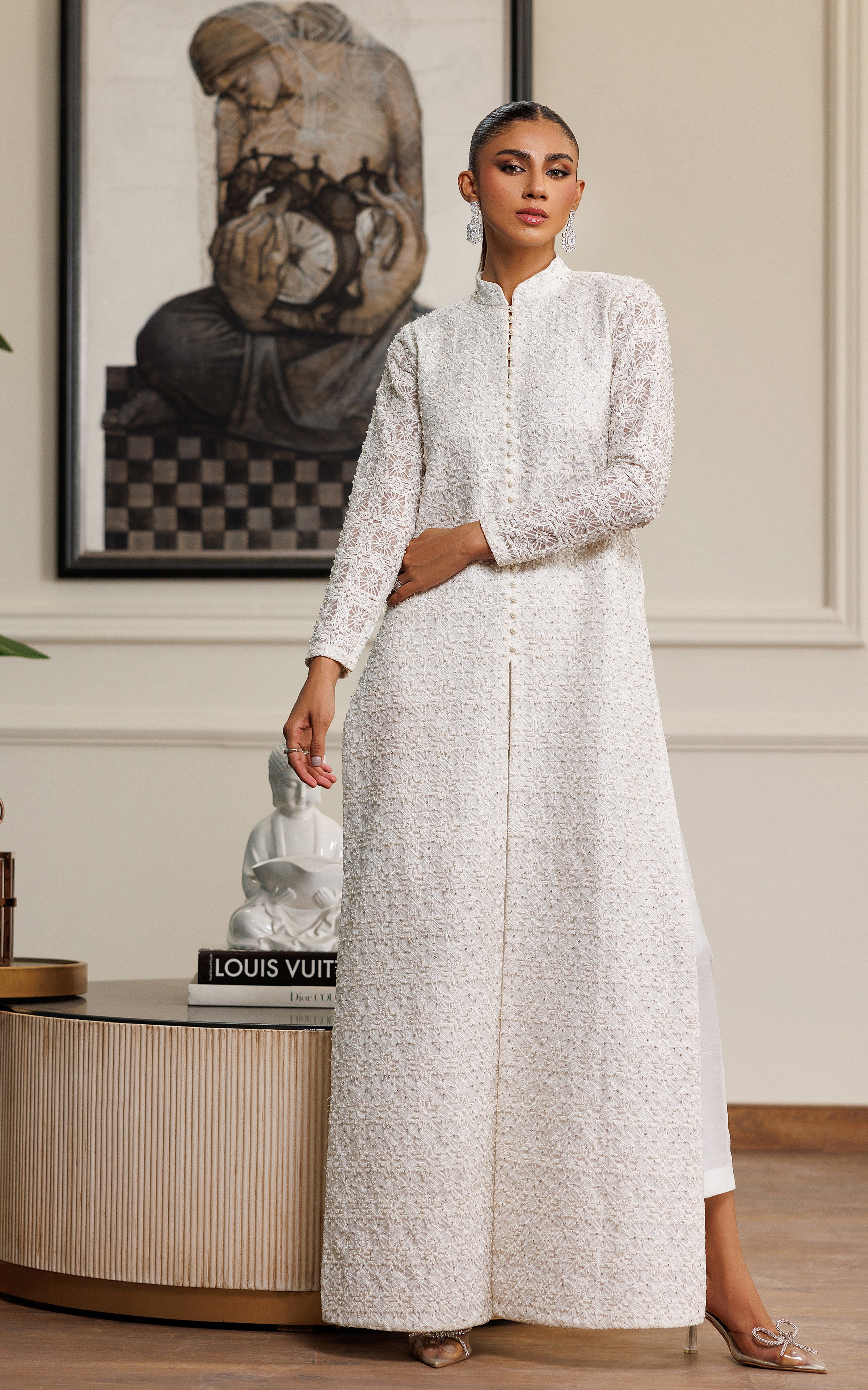 Pakistani White Pearl & Crystal Embroidered Salwar Kameez (2-Piece) - Image 1