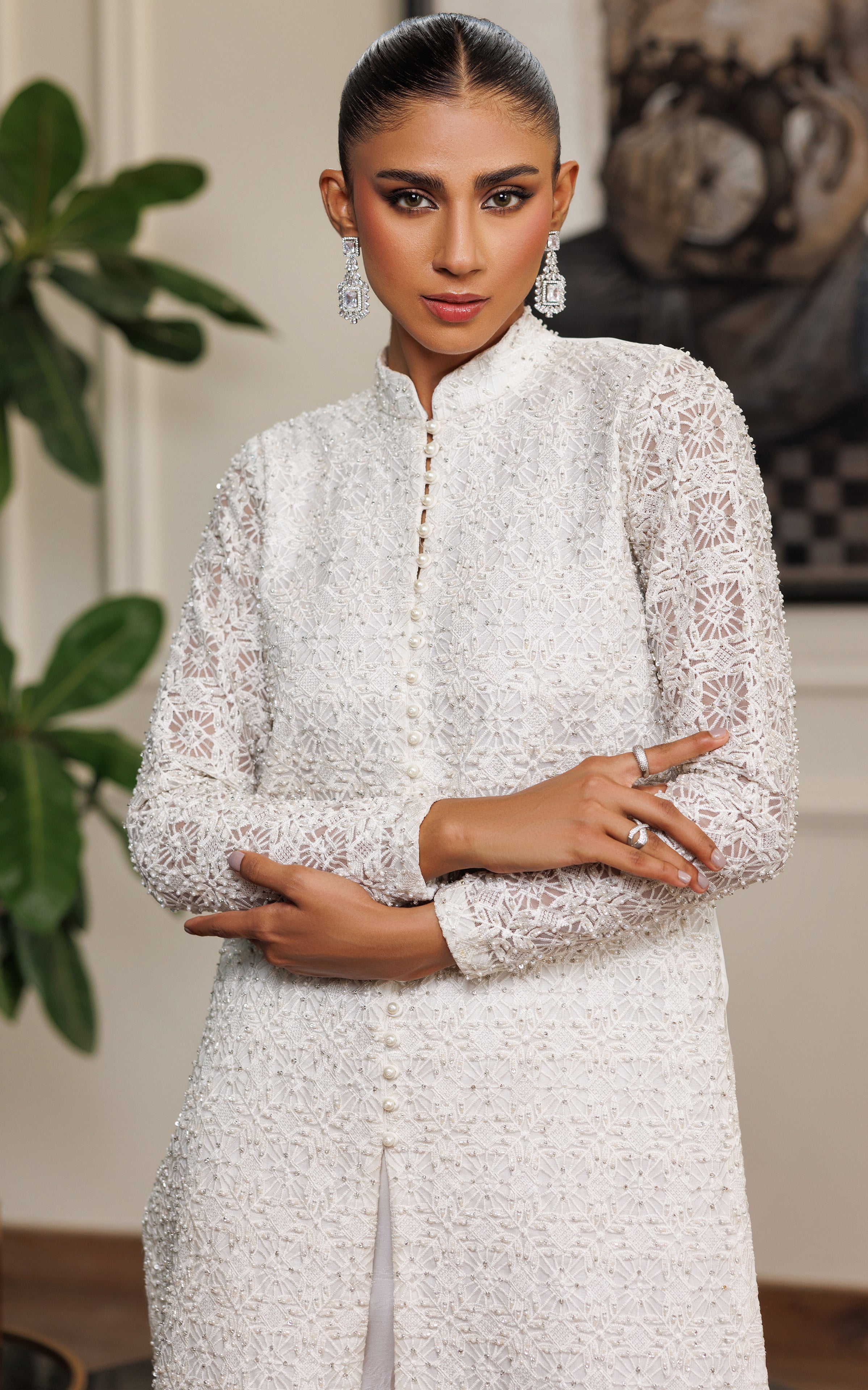 Pakistani White Pearl & Crystal Embroidered Salwar Kameez (2-Piece) - Image 2