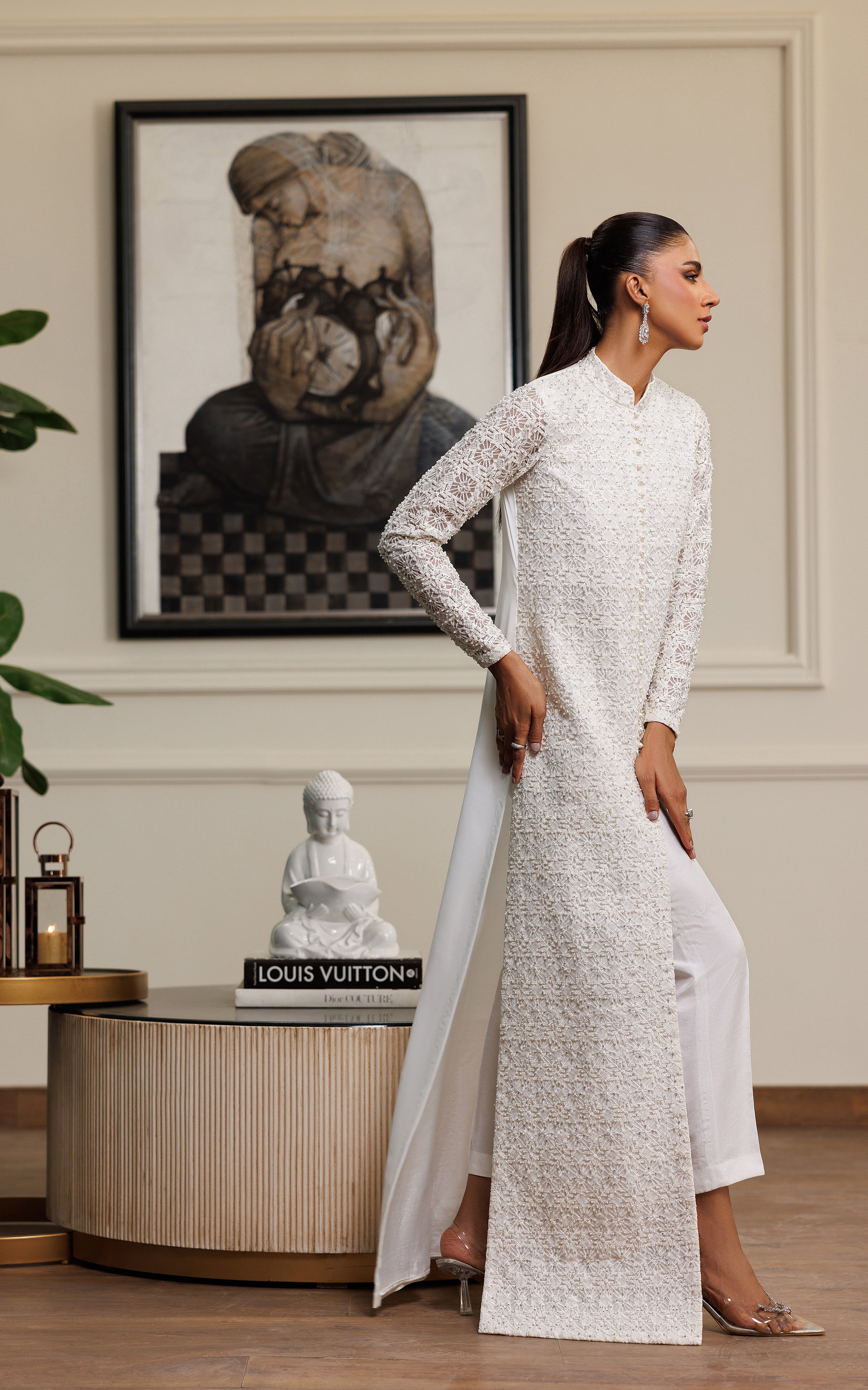 Pakistani White Pearl & Crystal Embroidered Salwar Kameez (2-Piece) - Image 3