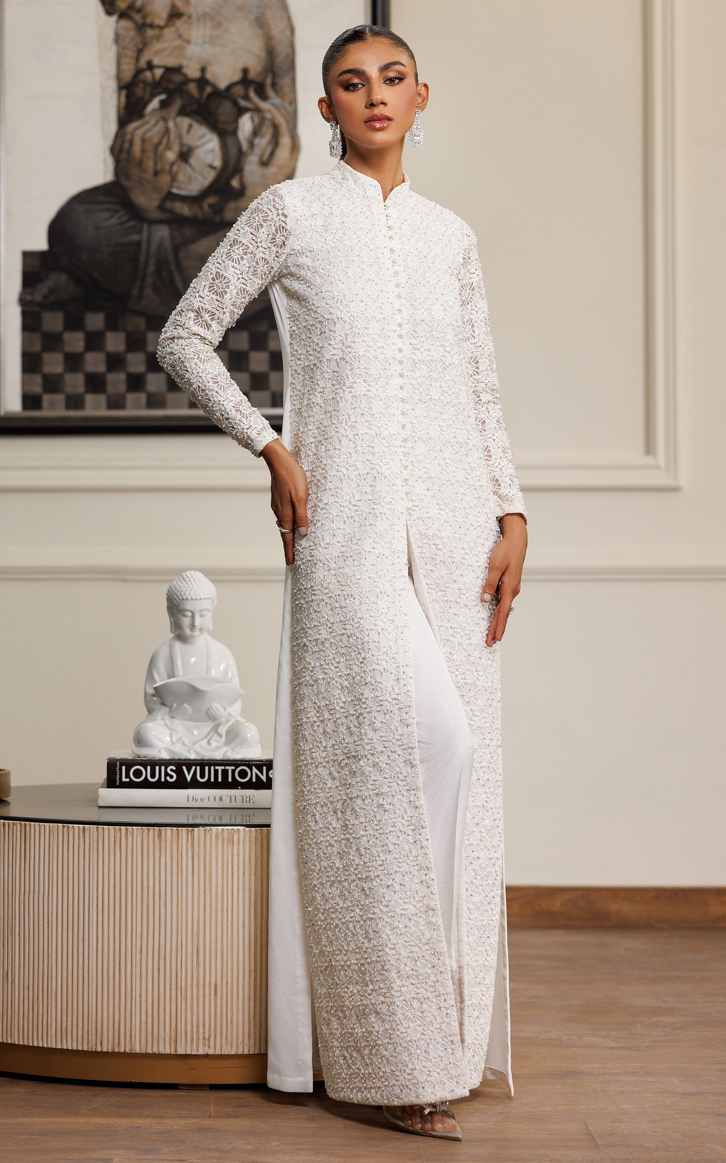 Pakistani White Pearl & Crystal Embroidered Salwar Kameez (2-Piece) - Image 4