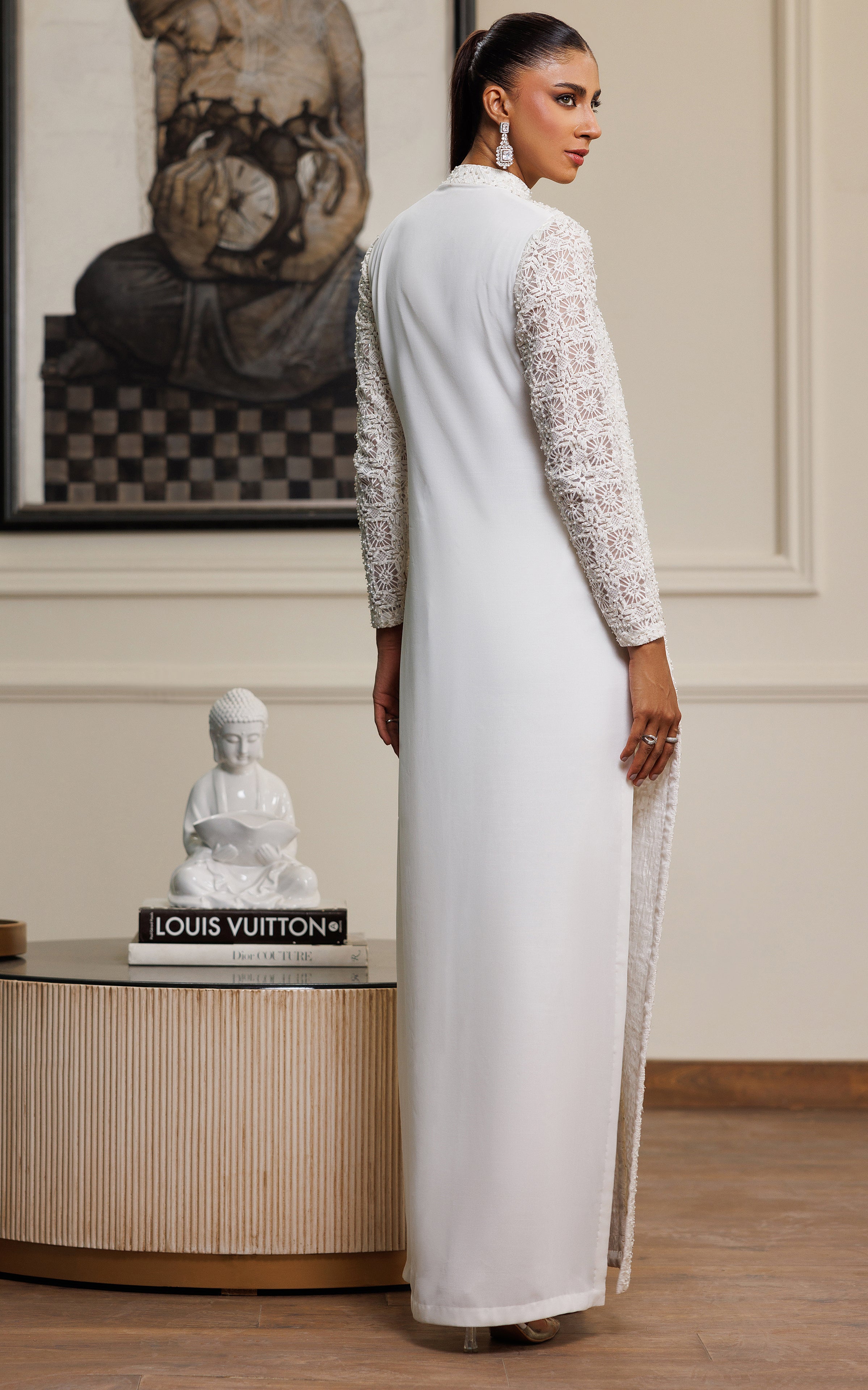 Pakistani White Pearl & Crystal Embroidered Salwar Kameez (2-Piece) - Image 6