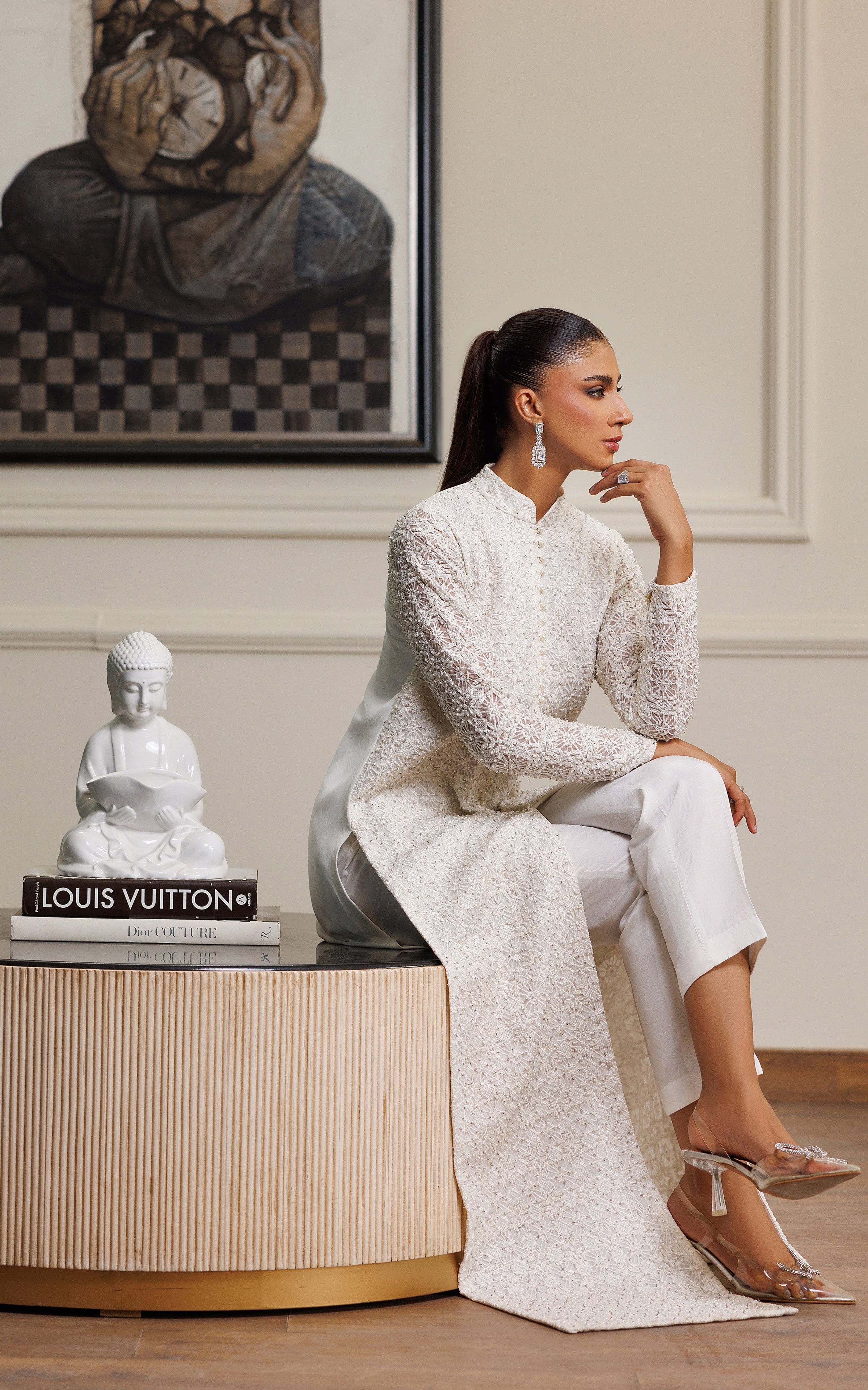 Pakistani White Pearl & Crystal Embroidered Salwar Kameez (2-Piece) - Image 7