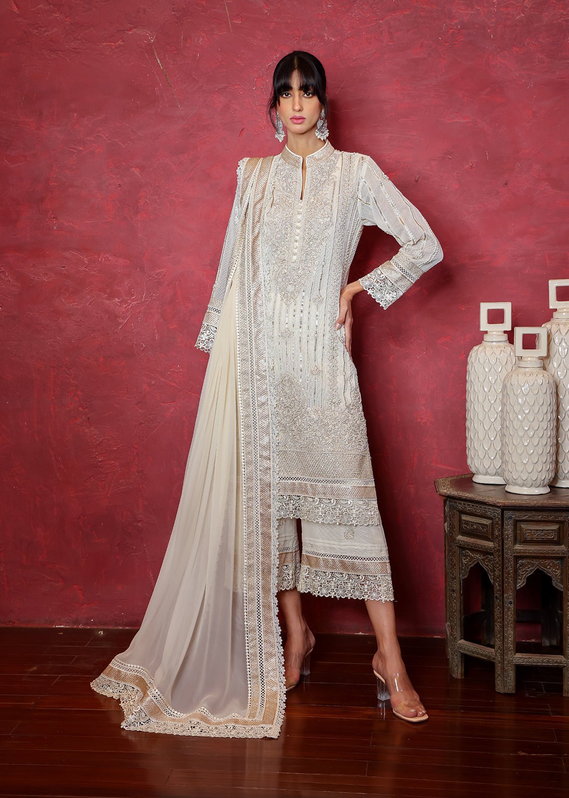 White Pearl & Sequin Organza Net Salwar Kameez (3-Piece) - Image 1