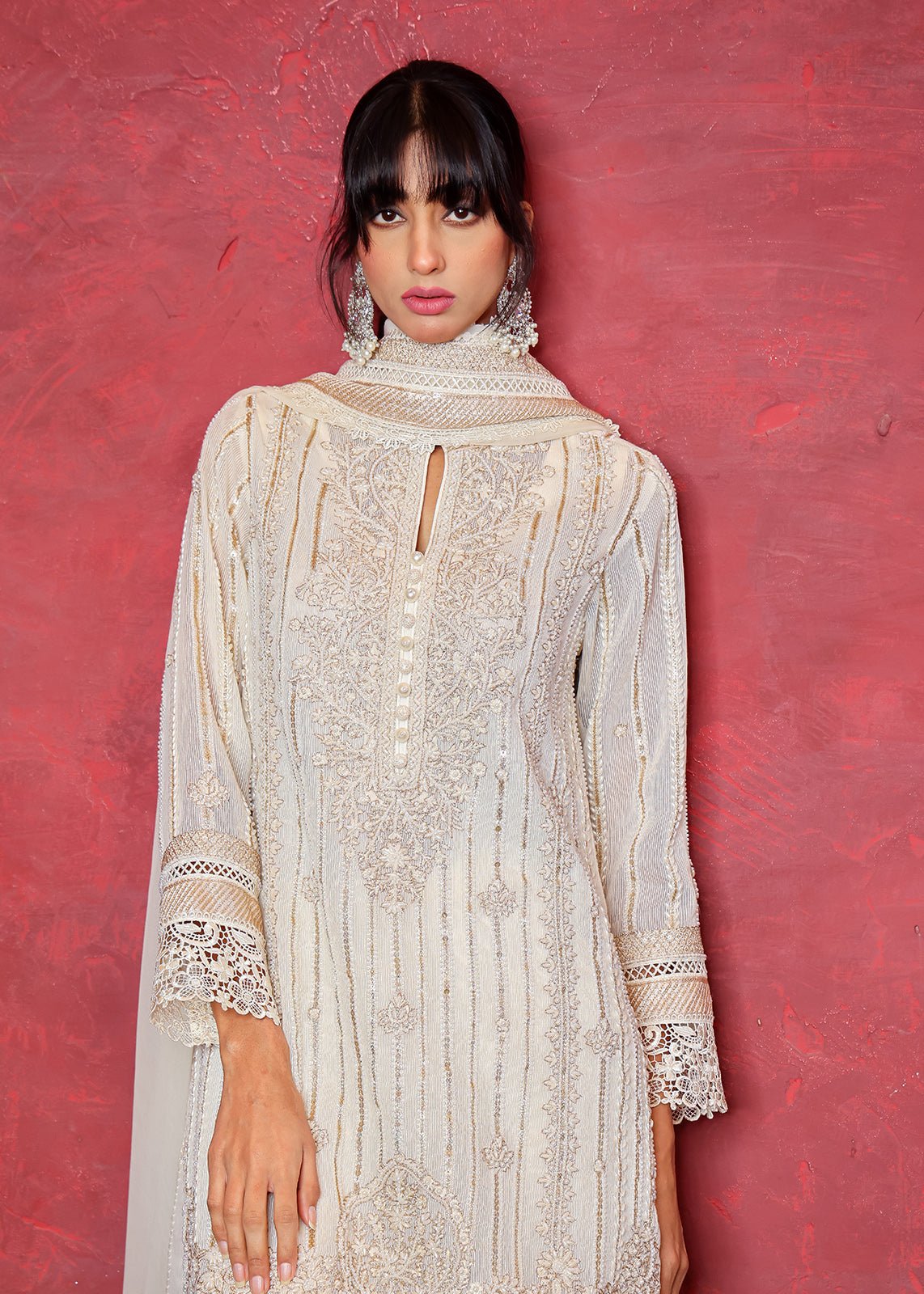 White Pearl & Sequin Organza Net Salwar Kameez (3-Piece) - Image 2