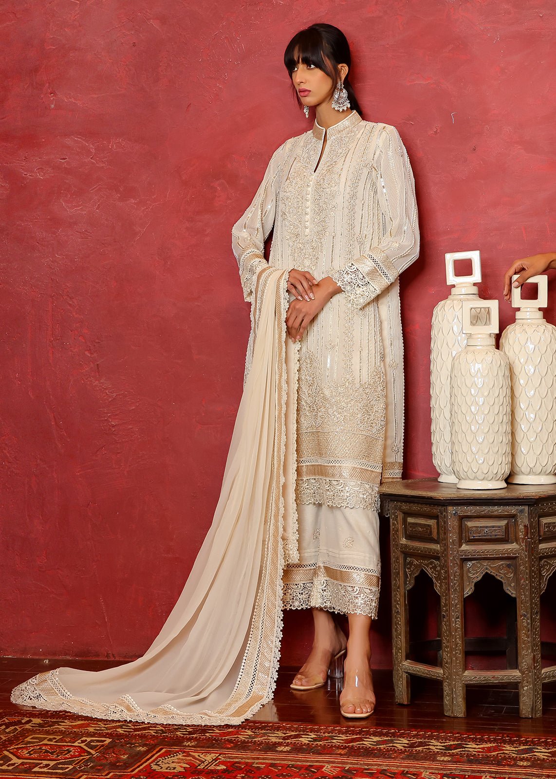 White Pearl & Sequin Organza Net Salwar Kameez (3-Piece) - Image 3
