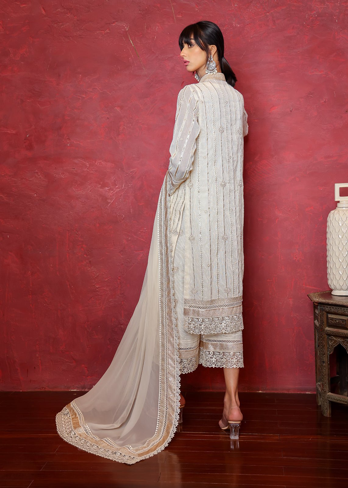 White Pearl & Sequin Organza Net Salwar Kameez (3-Piece) - Image 4