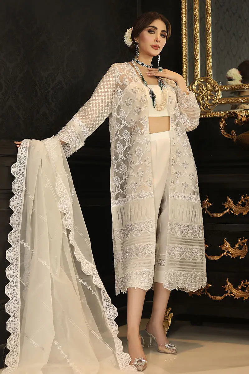 Pakistani White Embroidered Organza & Raw Silk Jacket Set (4-Piece) - Image 1