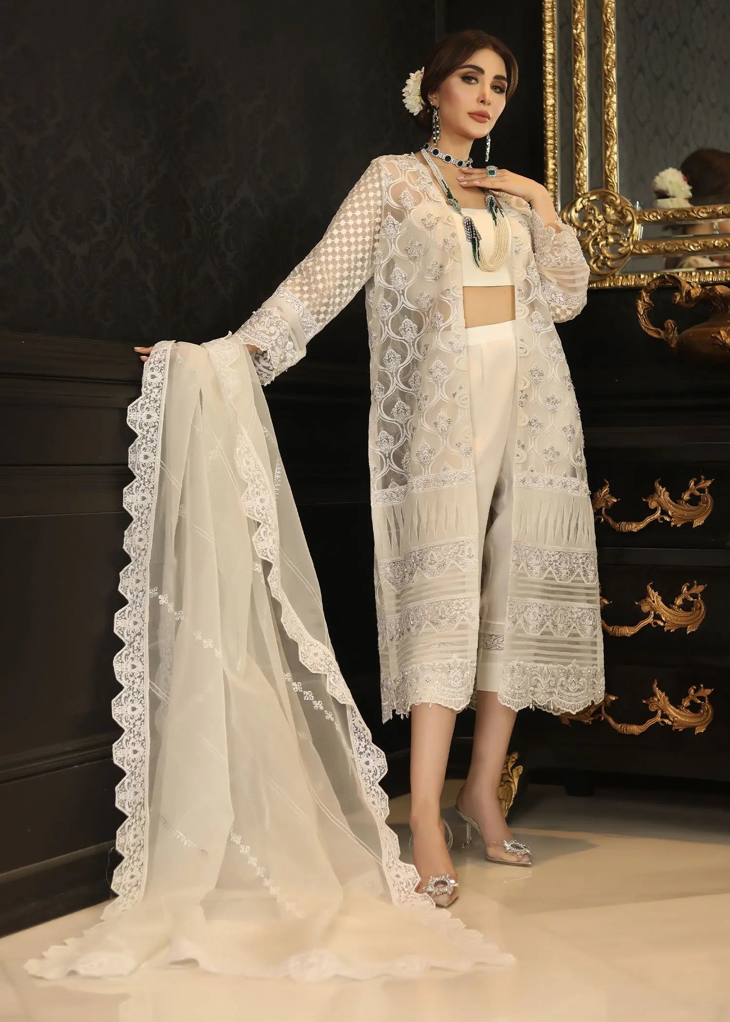 Pakistani White Embroidered Organza & Raw Silk Jacket Set (4-Piece) - Image 10