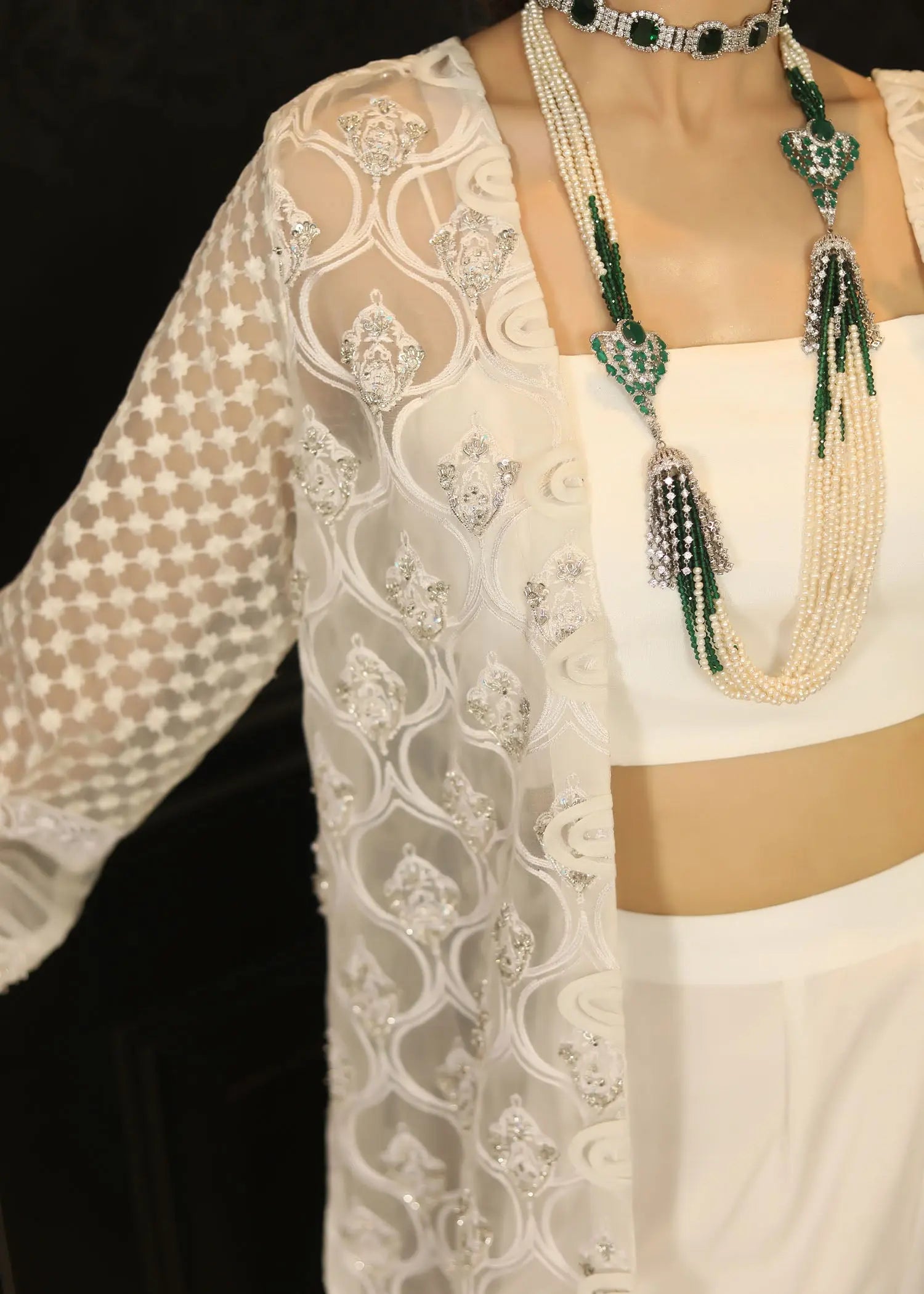 Pakistani White Embroidered Organza & Raw Silk Jacket Set (4-Piece) - Image 11