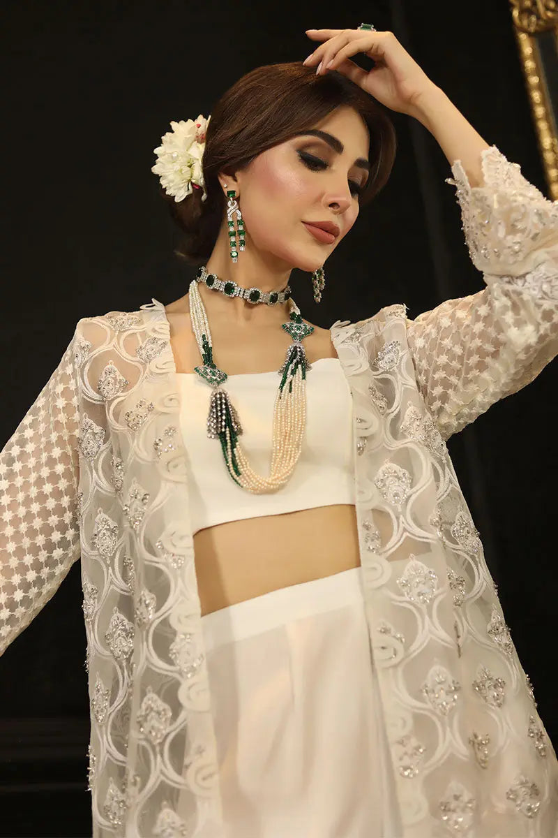 Pakistani White Embroidered Organza & Raw Silk Jacket Set (4-Piece) - Image 2