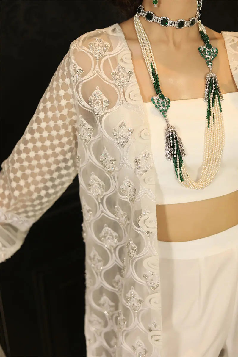 Pakistani White Embroidered Organza & Raw Silk Jacket Set (4-Piece) - Image 3