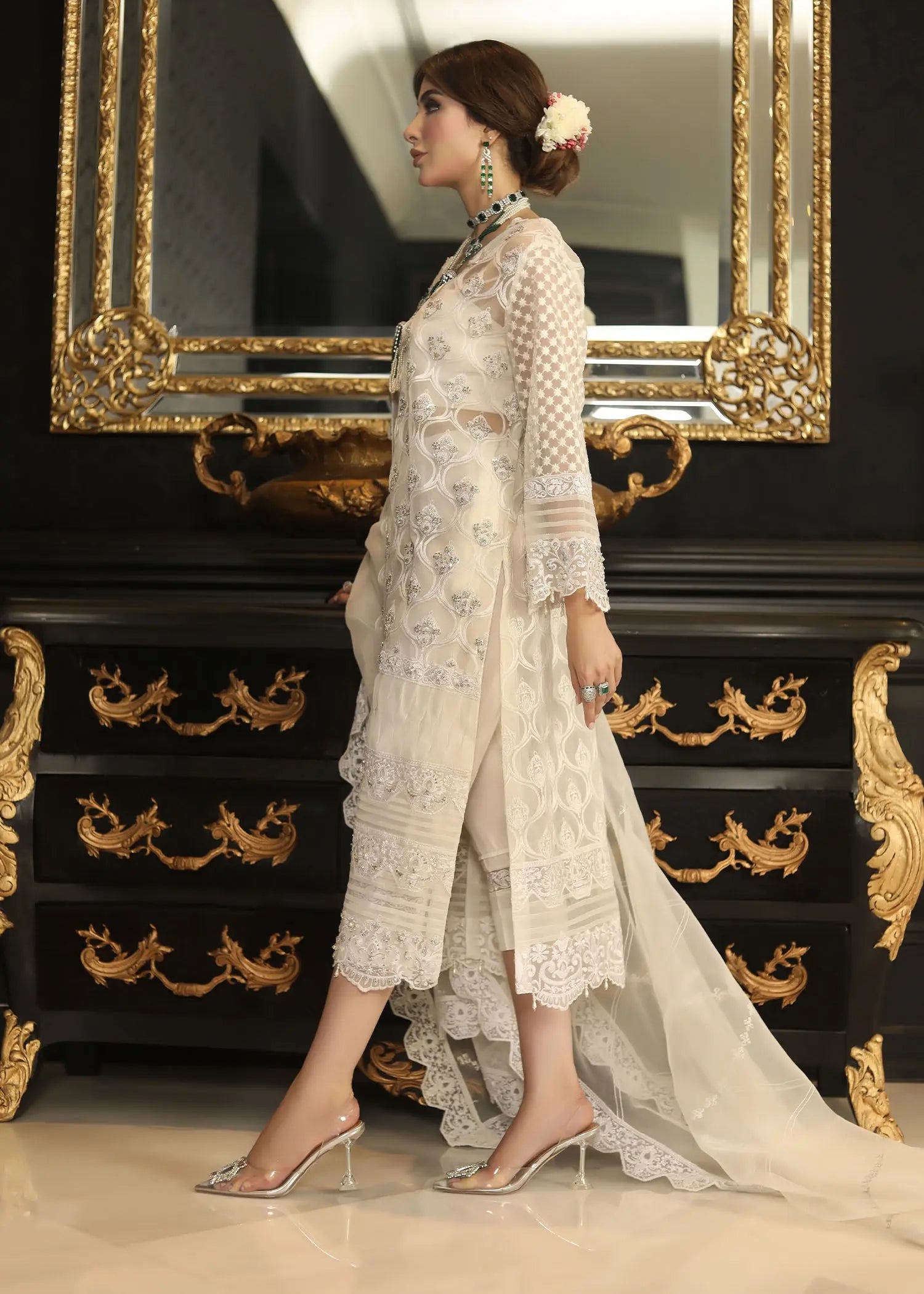 Pakistani White Embroidered Organza & Raw Silk Jacket Set (4-Piece) - Image 4