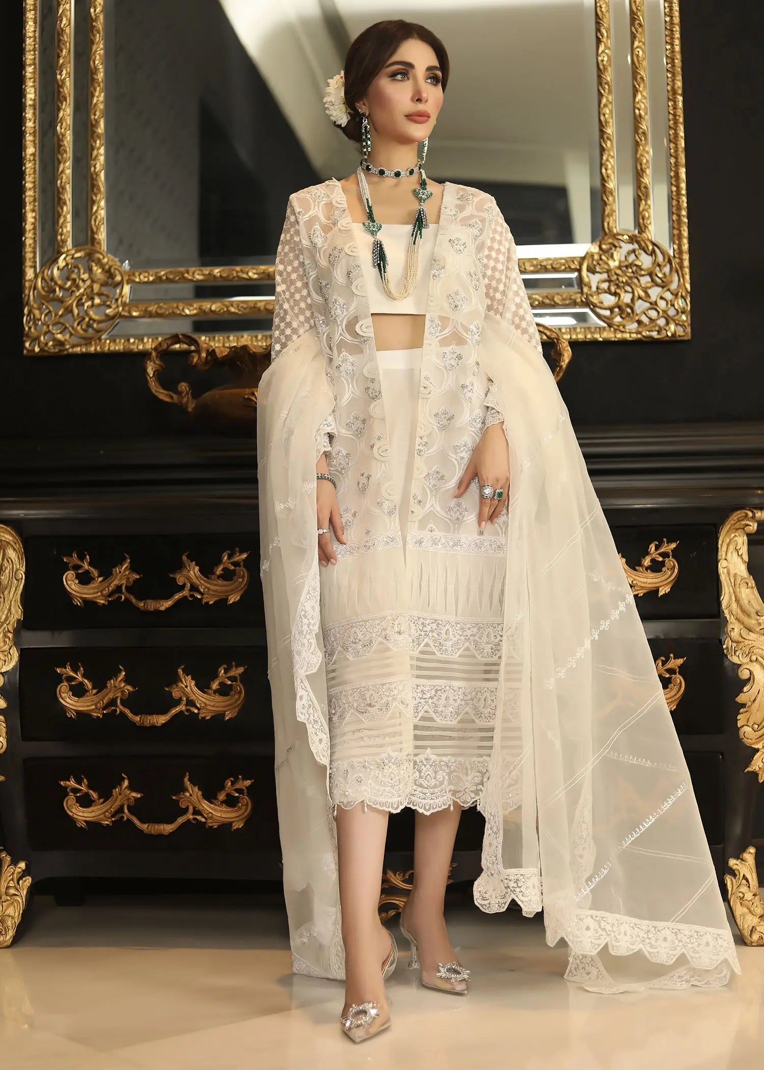 Pakistani White Embroidered Organza & Raw Silk Jacket Set (4-Piece) - Image 6