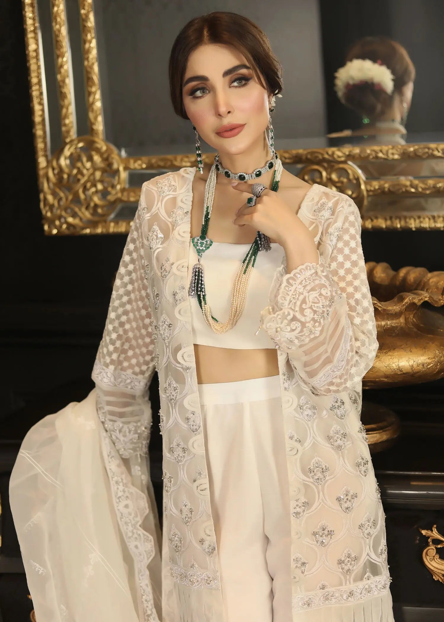 Pakistani White Embroidered Organza & Raw Silk Jacket Set (4-Piece) - Image 7