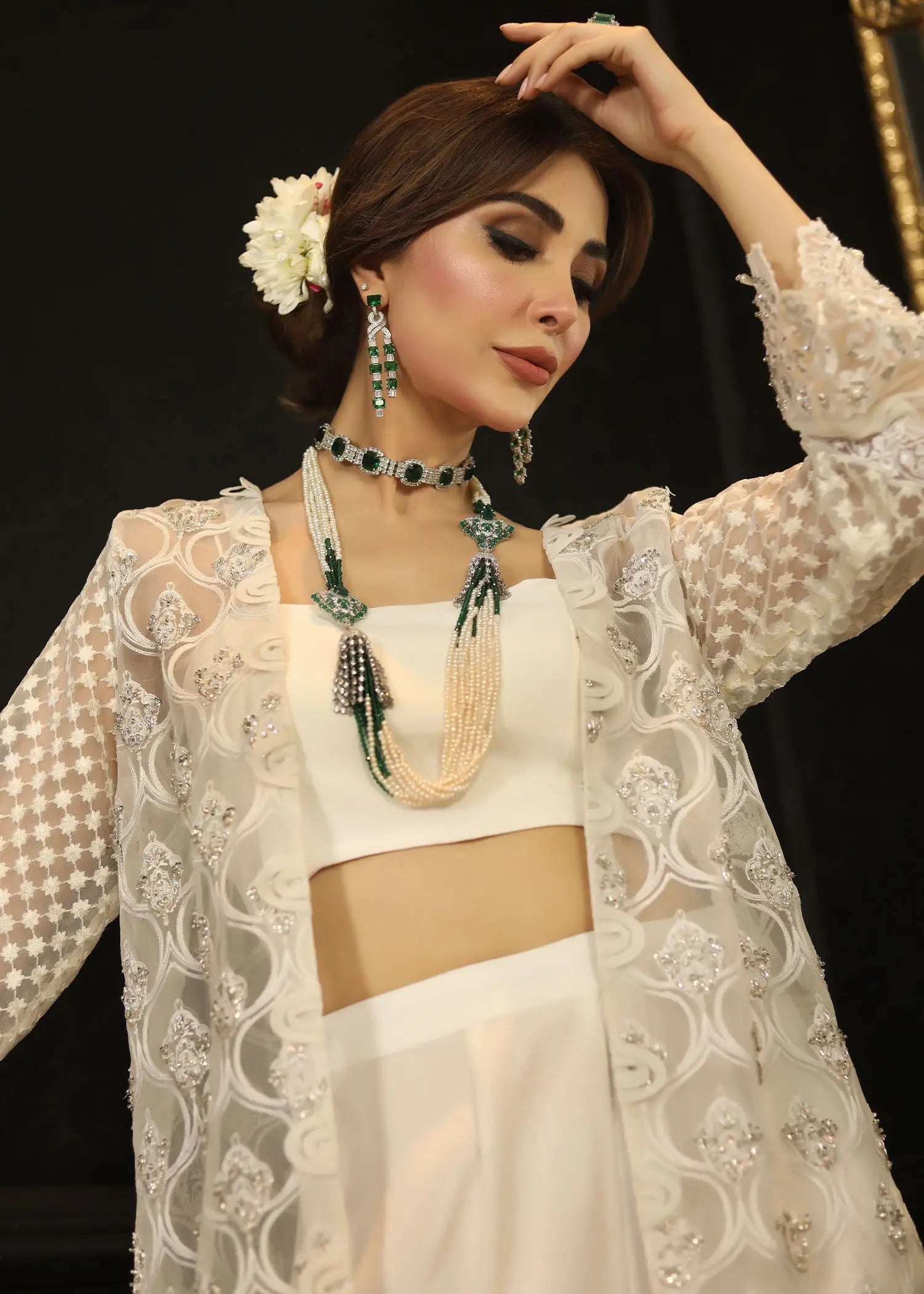 Pakistani White Embroidered Organza & Raw Silk Jacket Set (4-Piece) - Image 8