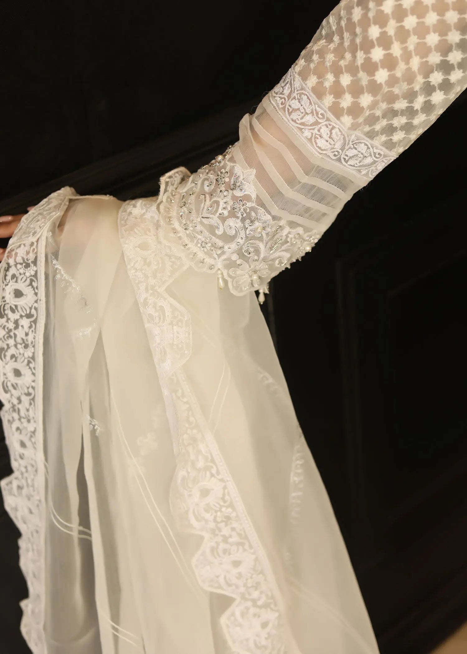Pakistani White Embroidered Organza & Raw Silk Jacket Set (4-Piece) - Image 9