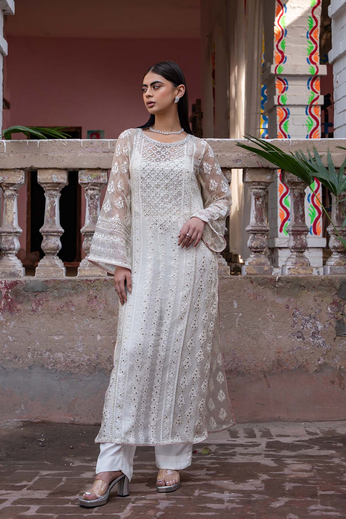 White Mukesh & Resham Organza Silk Salwar Kameez (2-Piece) - Image 1
