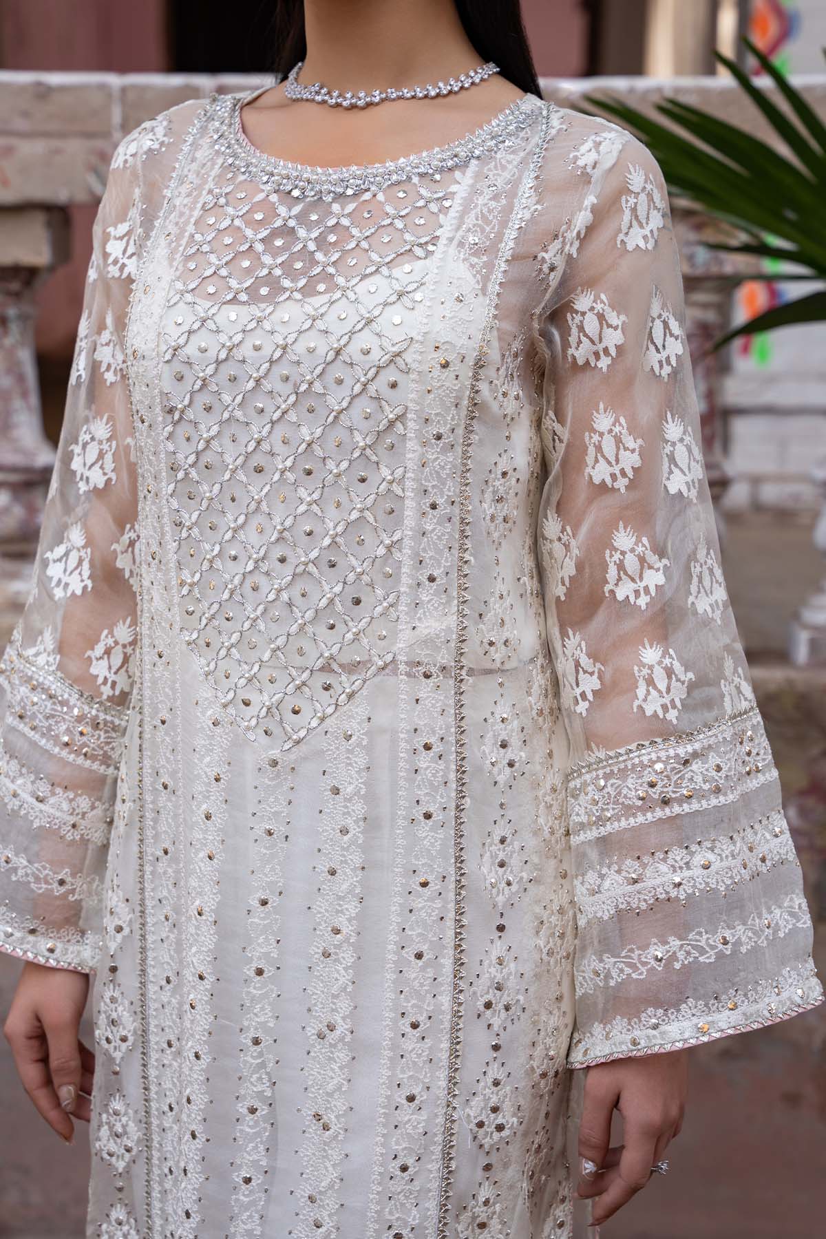 White Mukesh & Resham Organza Silk Salwar Kameez (2-Piece) - Image 3