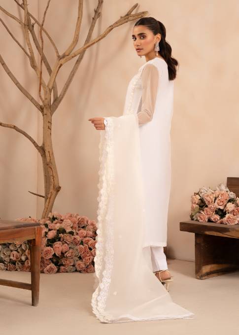 Pakistani White Embroidered Organza Kurta Set (3-Piece) - Image 3