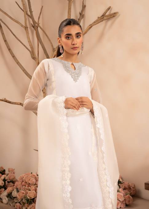 Pakistani White Embroidered Organza Kurta Set (3-Piece) - Image 5