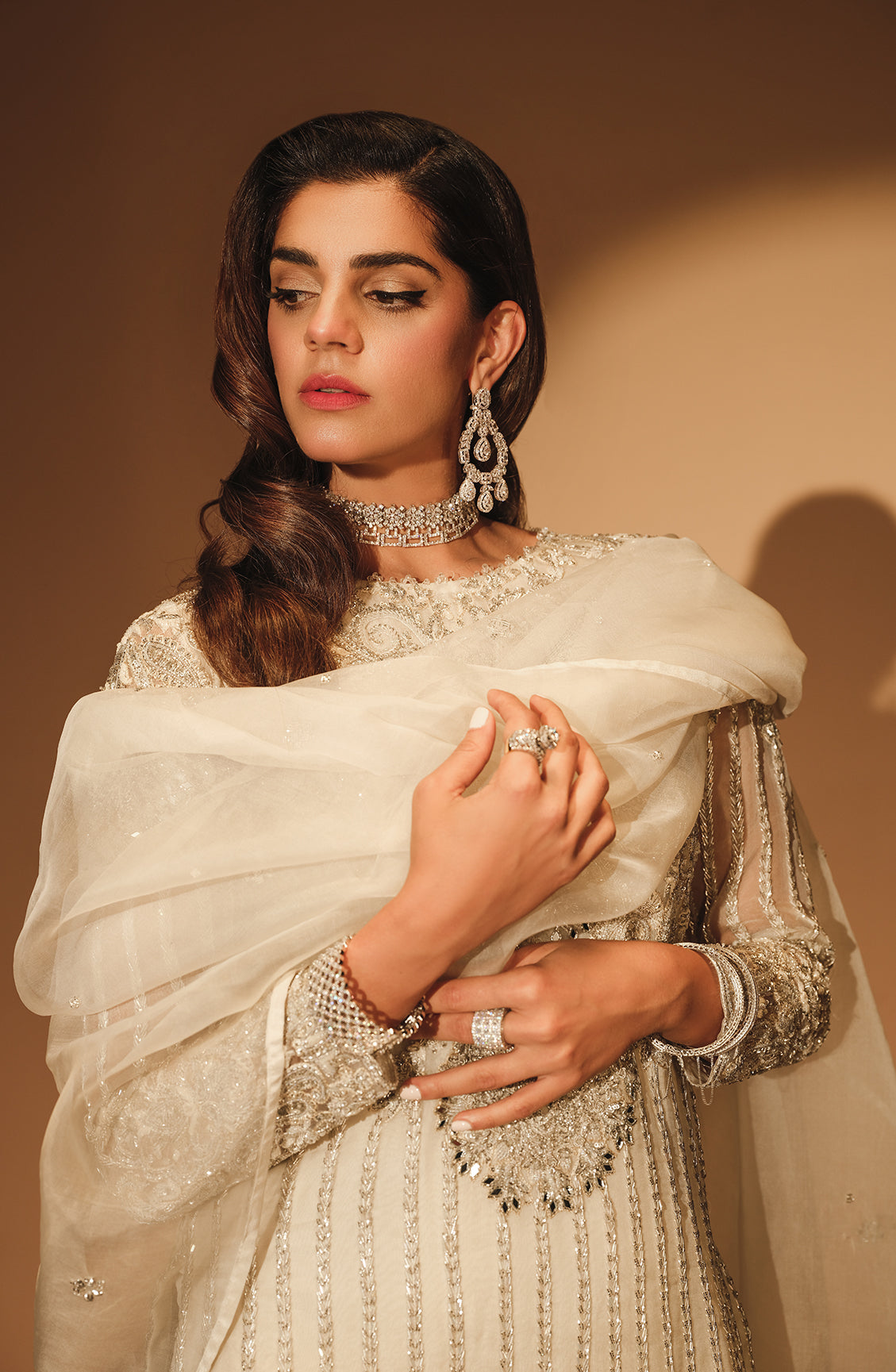 Pearl White Embroidered Organza Salwar Kameez (3-Piece) - Image 3