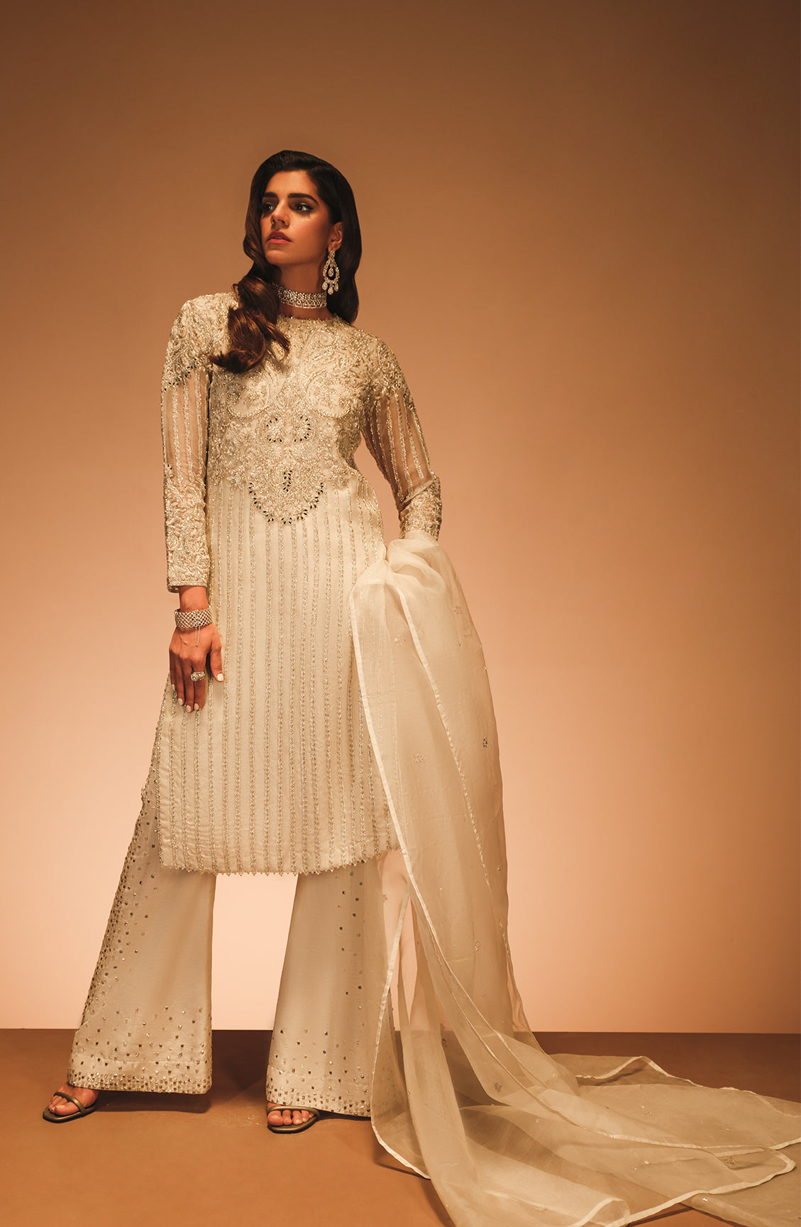 Pearl White Embroidered Organza Salwar Kameez (3-Piece) - Image 8