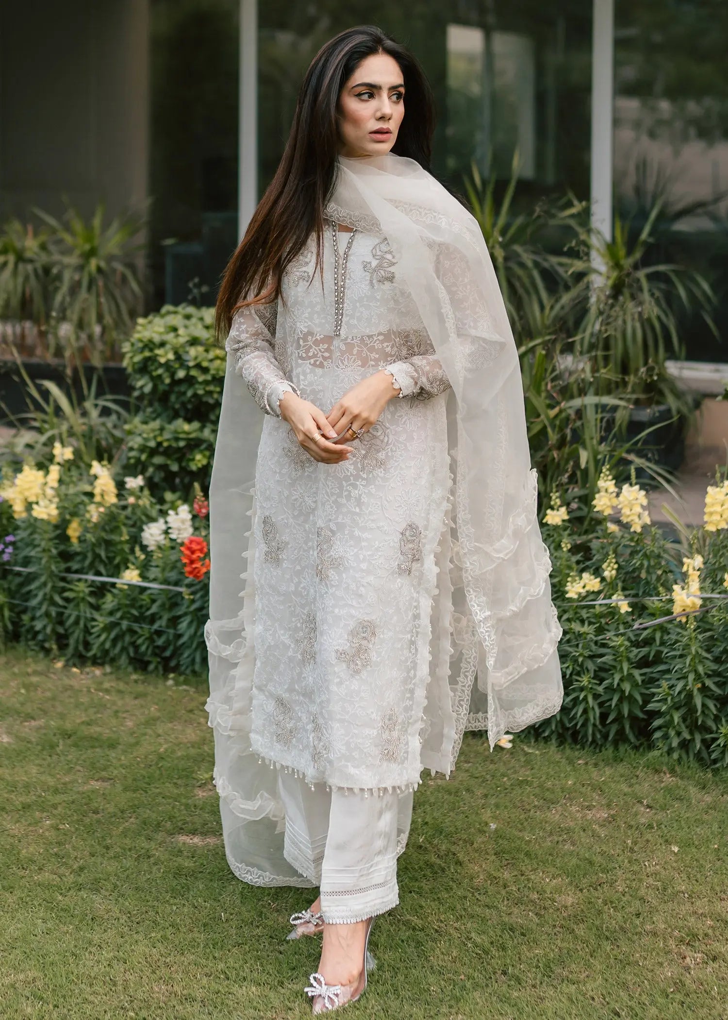 White Embroidered Organza & Raw Silk Salwar Kameez (3-Piece) - Image 1