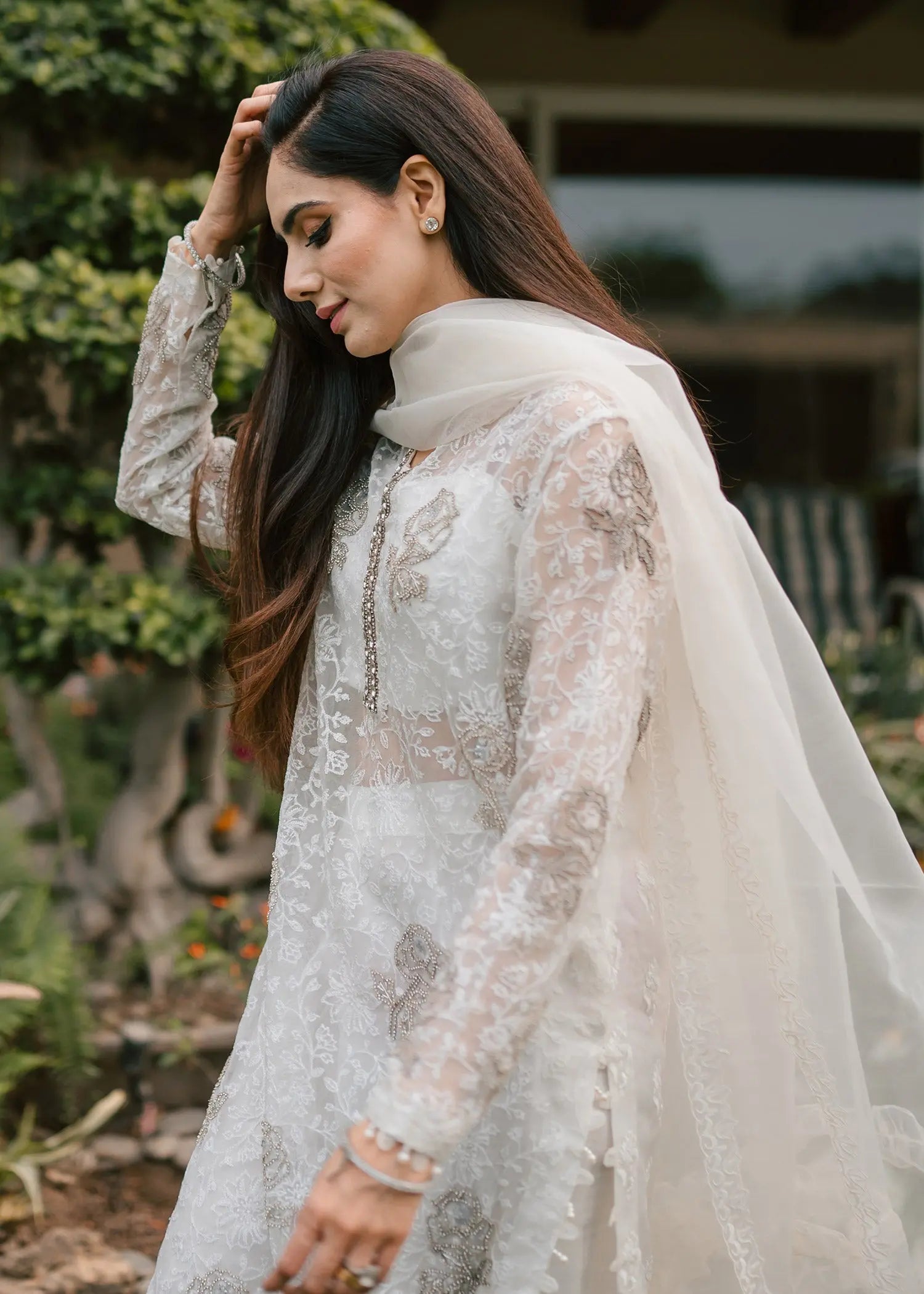 White Embroidered Organza & Raw Silk Salwar Kameez (3-Piece) - Image 2