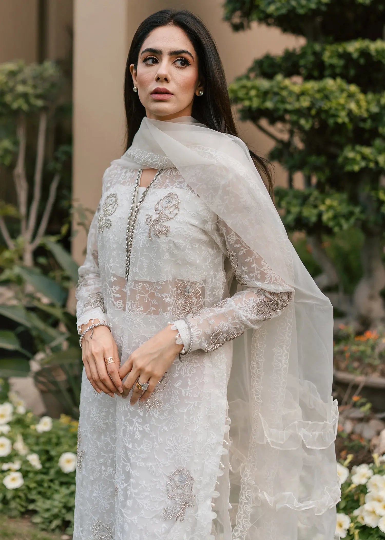 White Embroidered Organza & Raw Silk Salwar Kameez (3-Piece) - Image 3