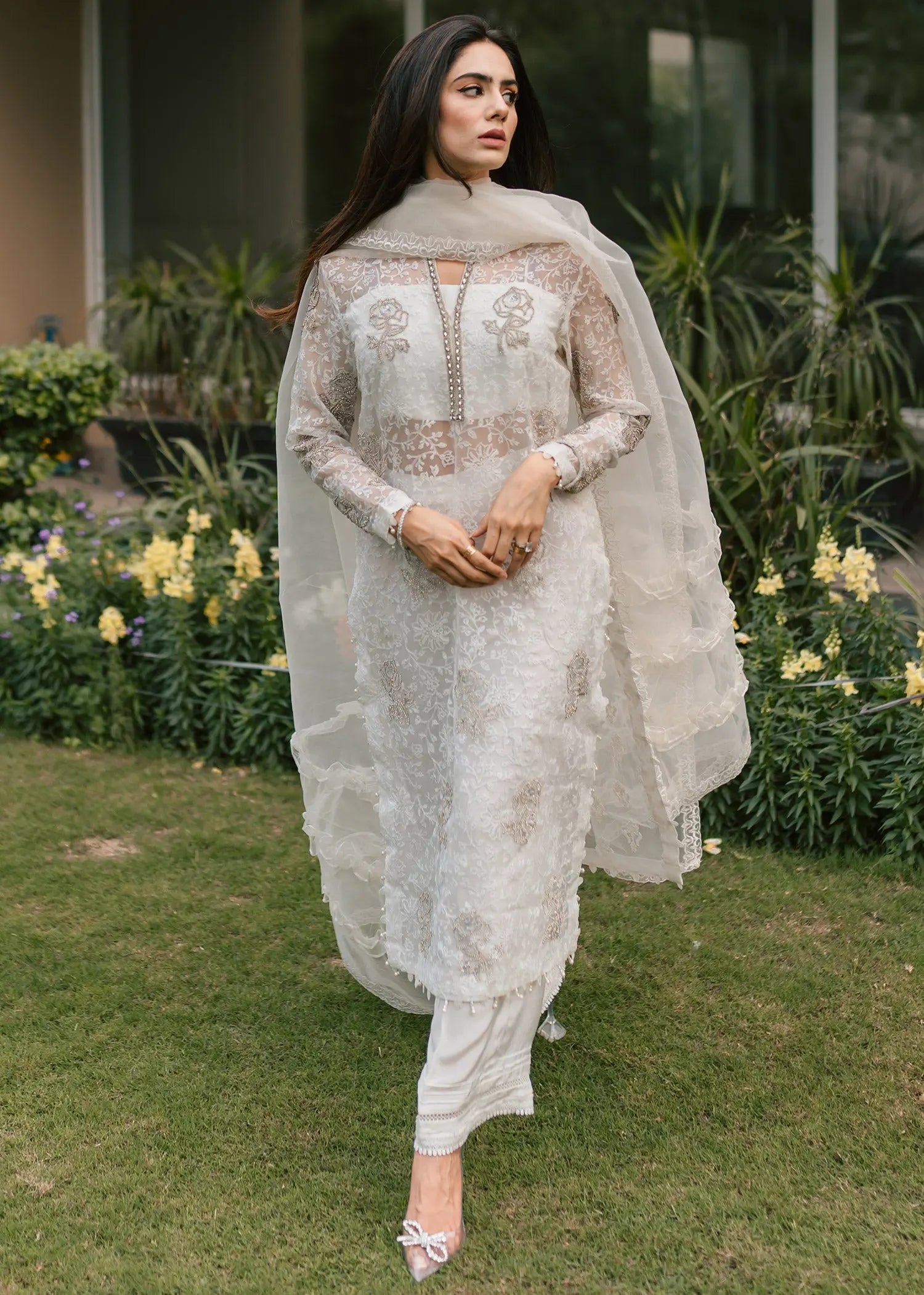 White Embroidered Organza & Raw Silk Salwar Kameez (3-Piece) - Image 4