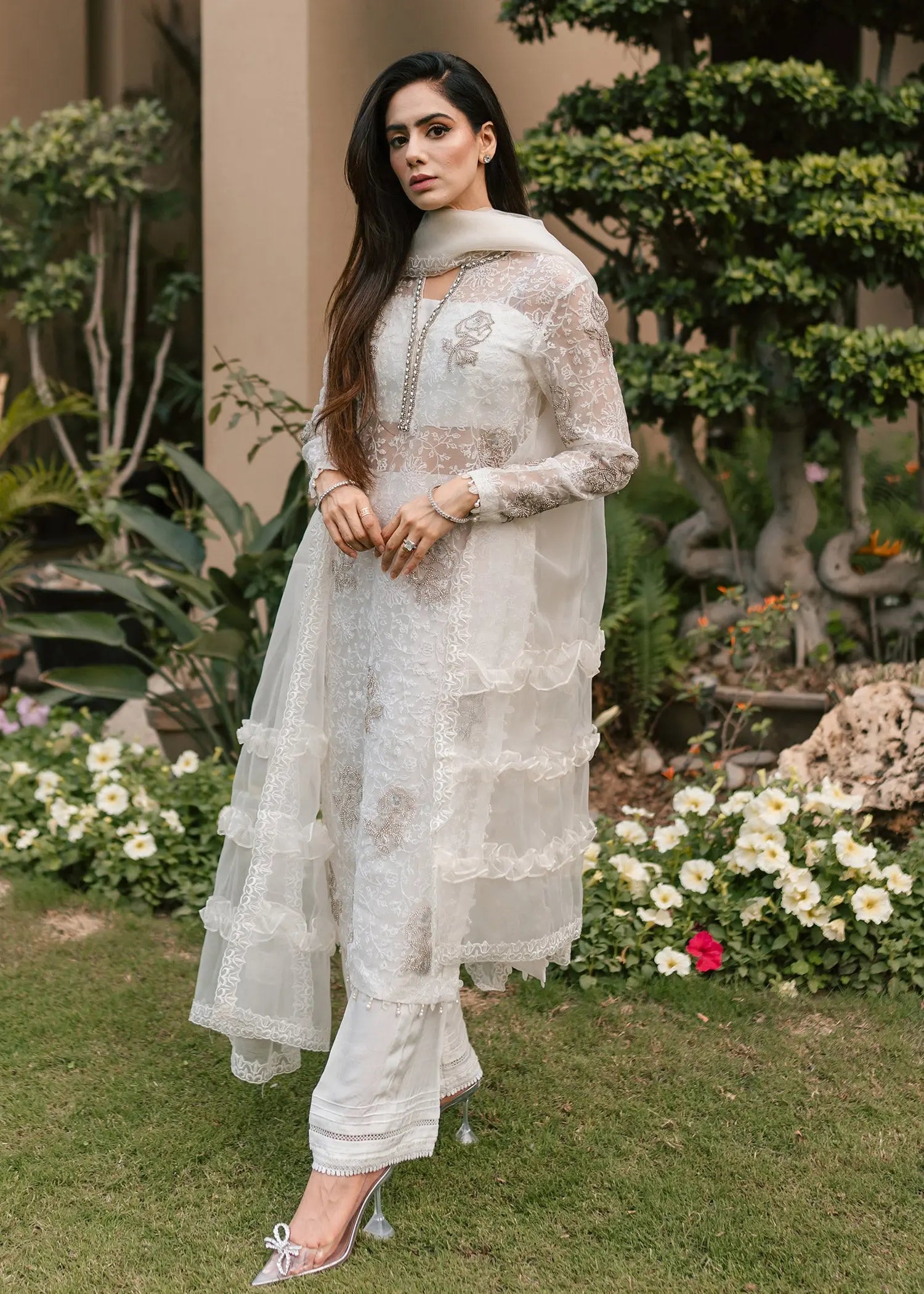White Embroidered Organza & Raw Silk Salwar Kameez (3-Piece) - Image 5