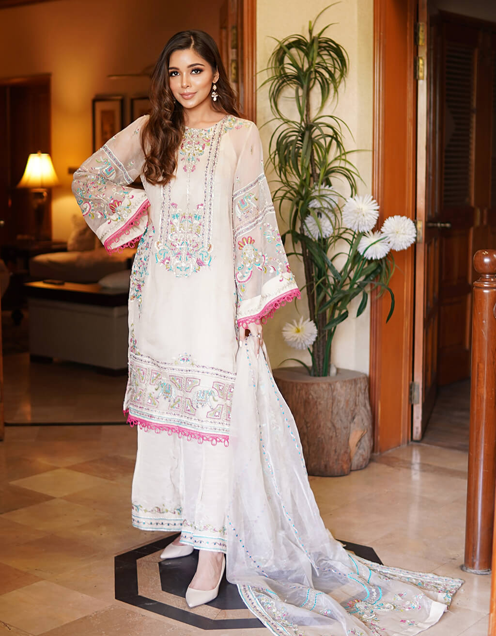 White Embroidered Organza Salwar Kameez (3-Piece) - Image 1