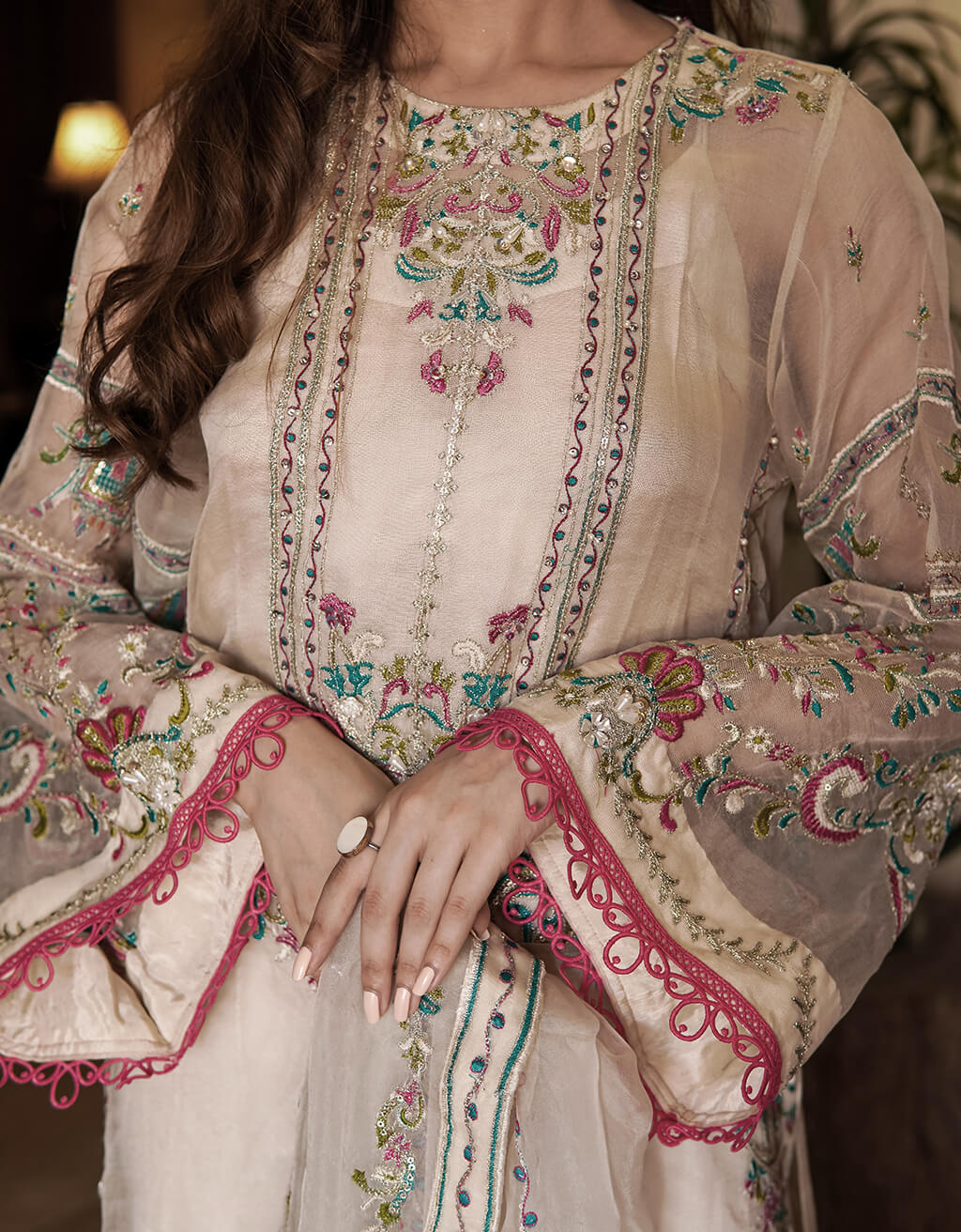 White Embroidered Organza Salwar Kameez (3-Piece) - Image 3