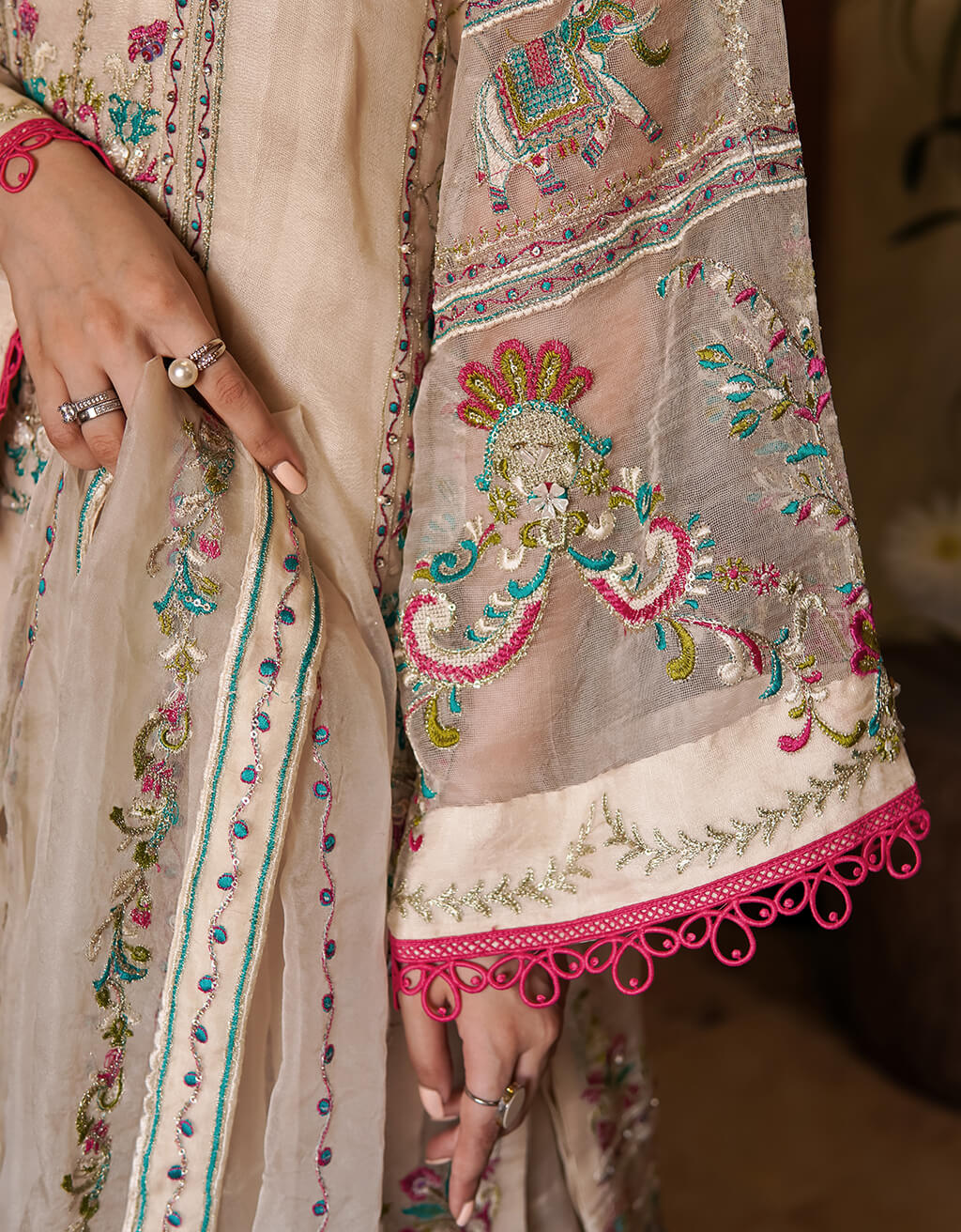 White Embroidered Organza Salwar Kameez (3-Piece) - Image 4