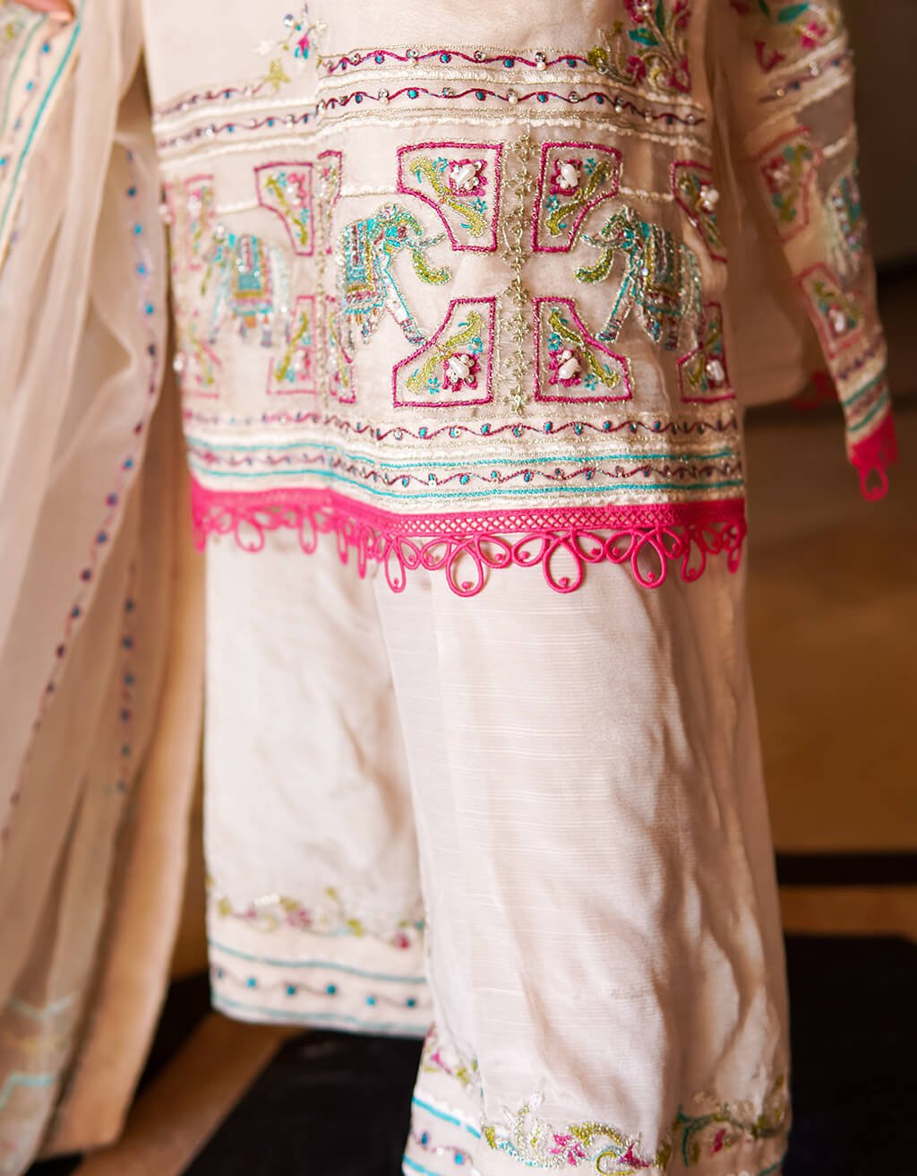 White Embroidered Organza Salwar Kameez (3-Piece) - Image 5