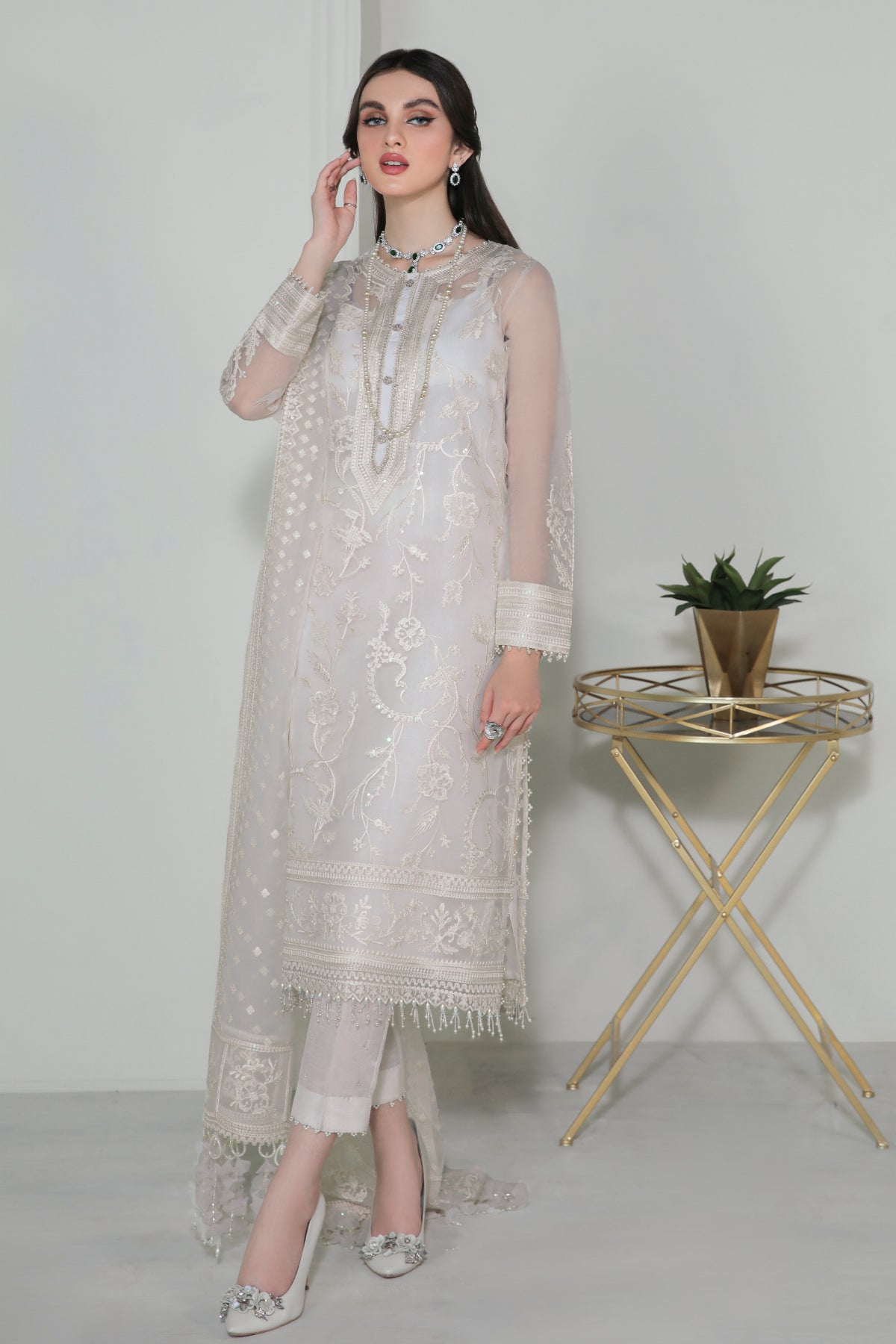White Embroidered Organza Salwar Kameez (3-Piece) - Image 1