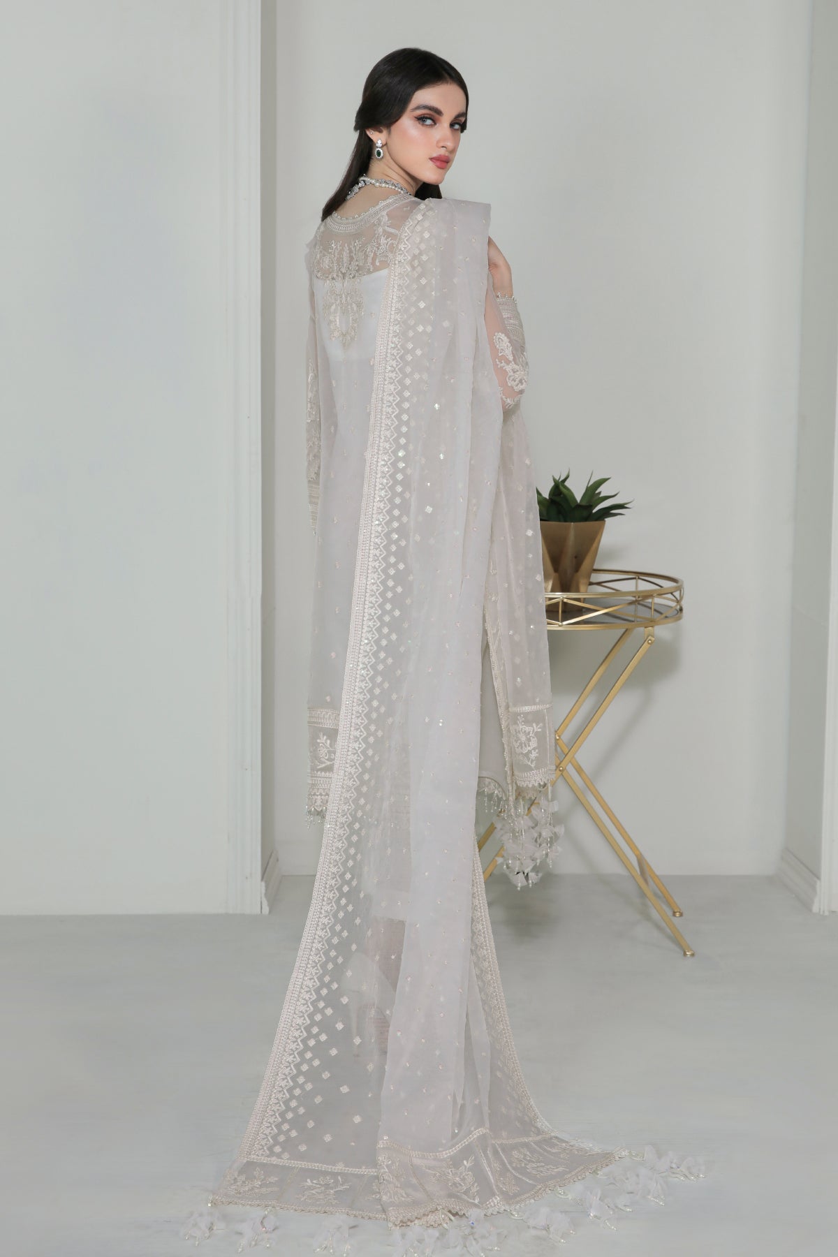 White Embroidered Organza Salwar Kameez (3-Piece) - Image 2