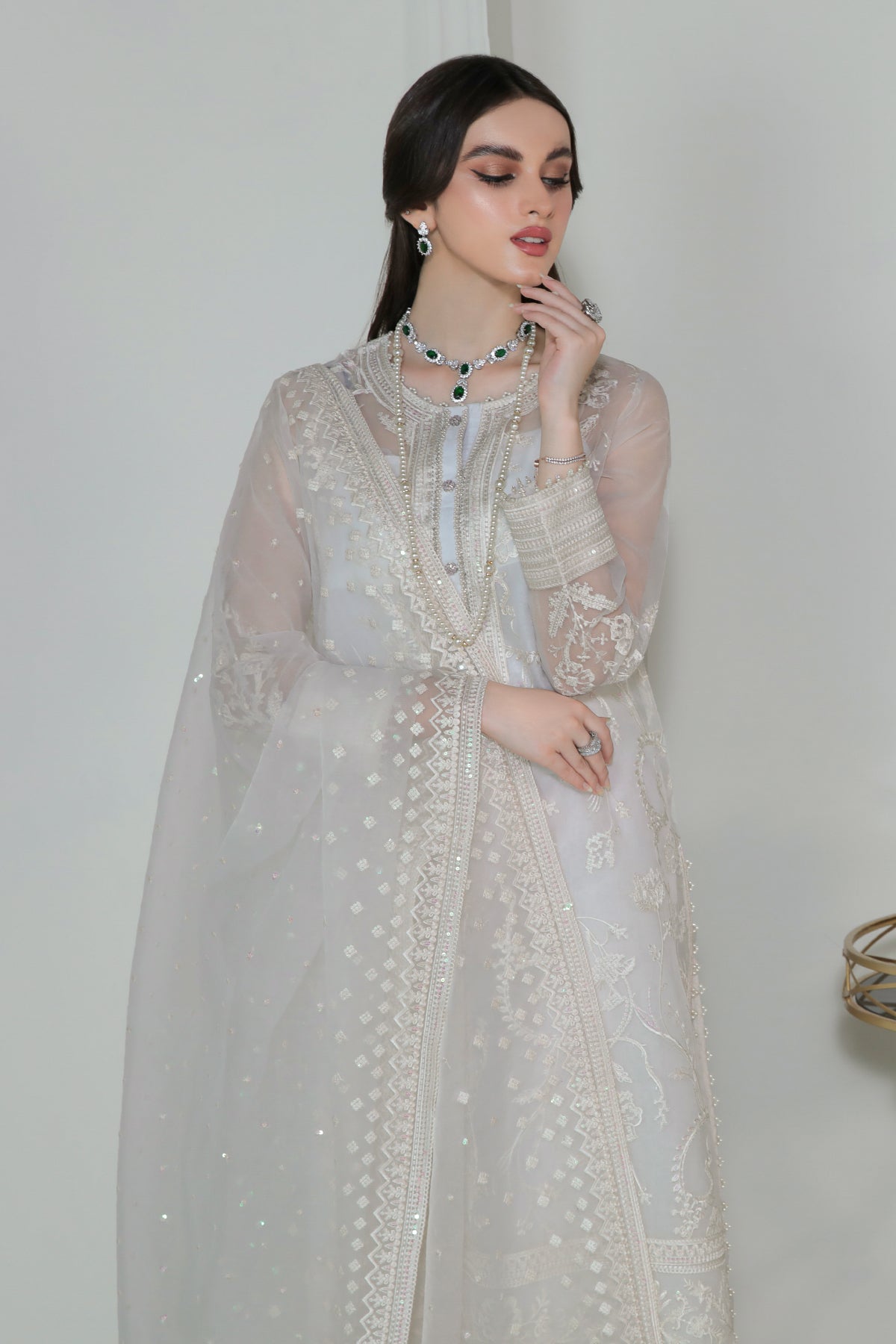 White Embroidered Organza Salwar Kameez (3-Piece) - Image 3