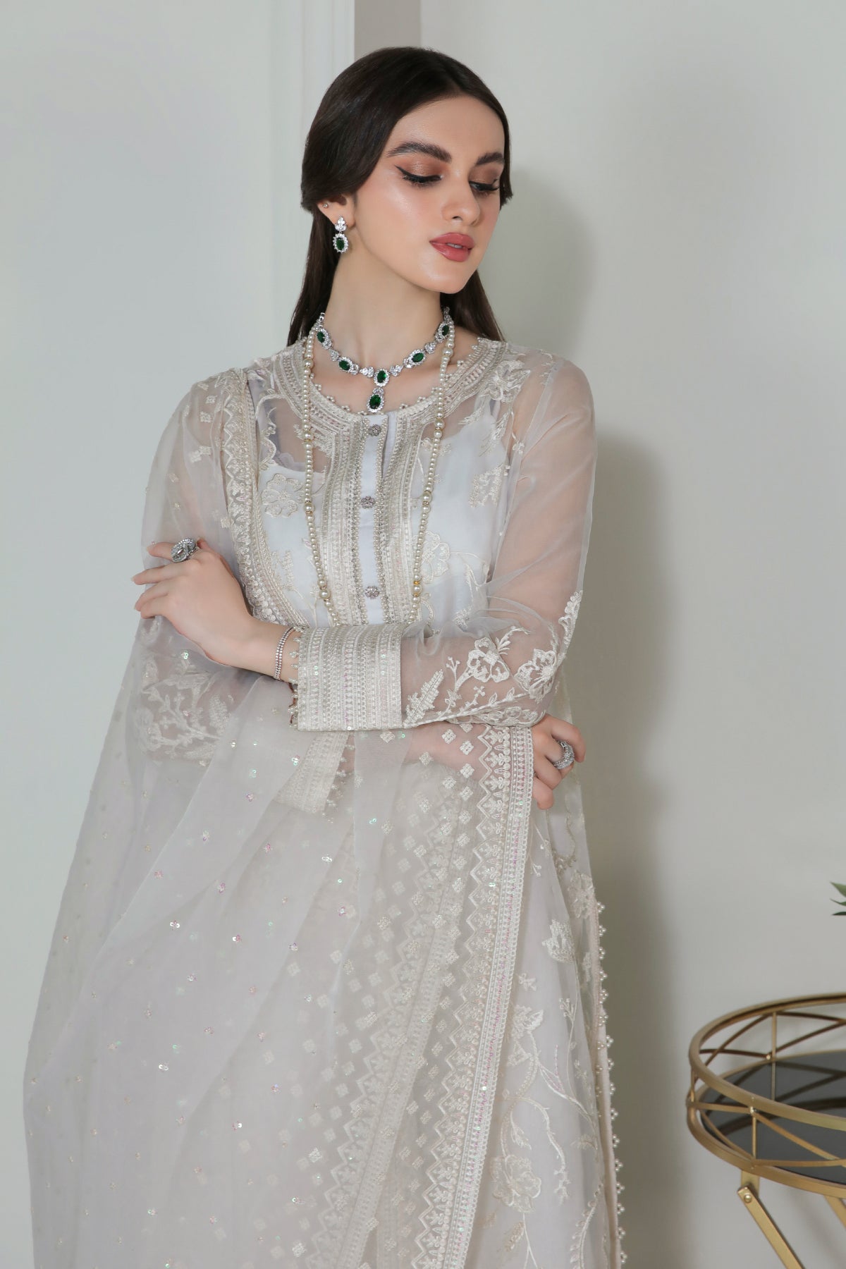 White Embroidered Organza Salwar Kameez (3-Piece) - Image 5