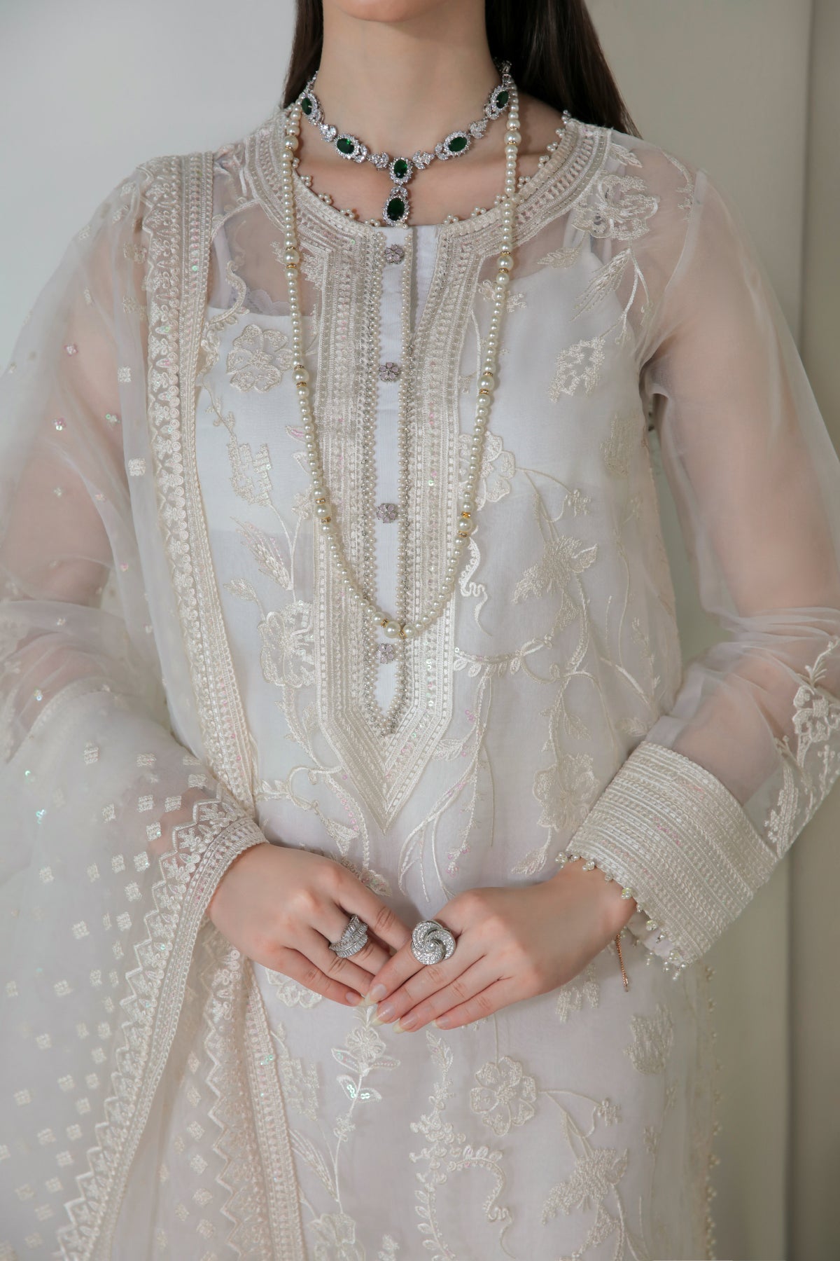 White Embroidered Organza Salwar Kameez (3-Piece) - Image 7