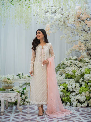 Pakistani White Embroidered Organza Salwar Kameez (3-Piece) - Image 2