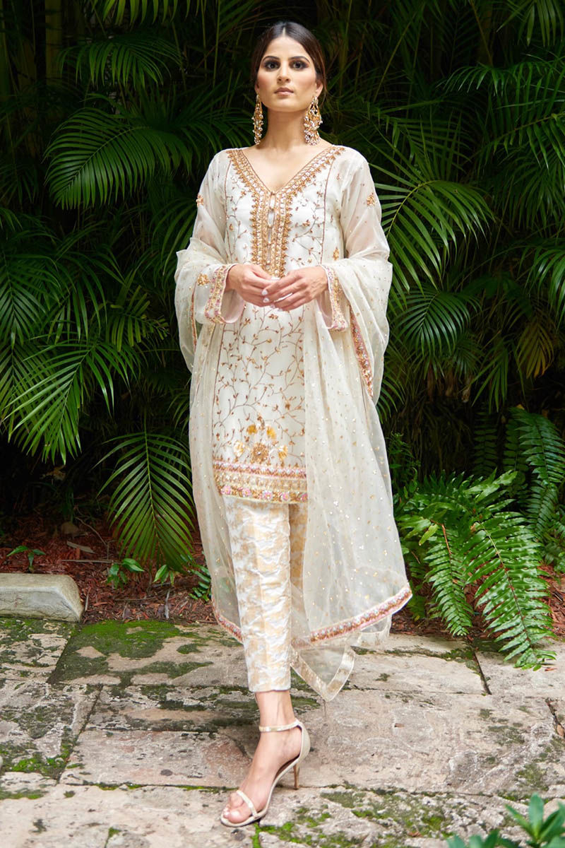 Pakistani White Zardozi Organza Salwar Kameez (3-Piece) - Image 1