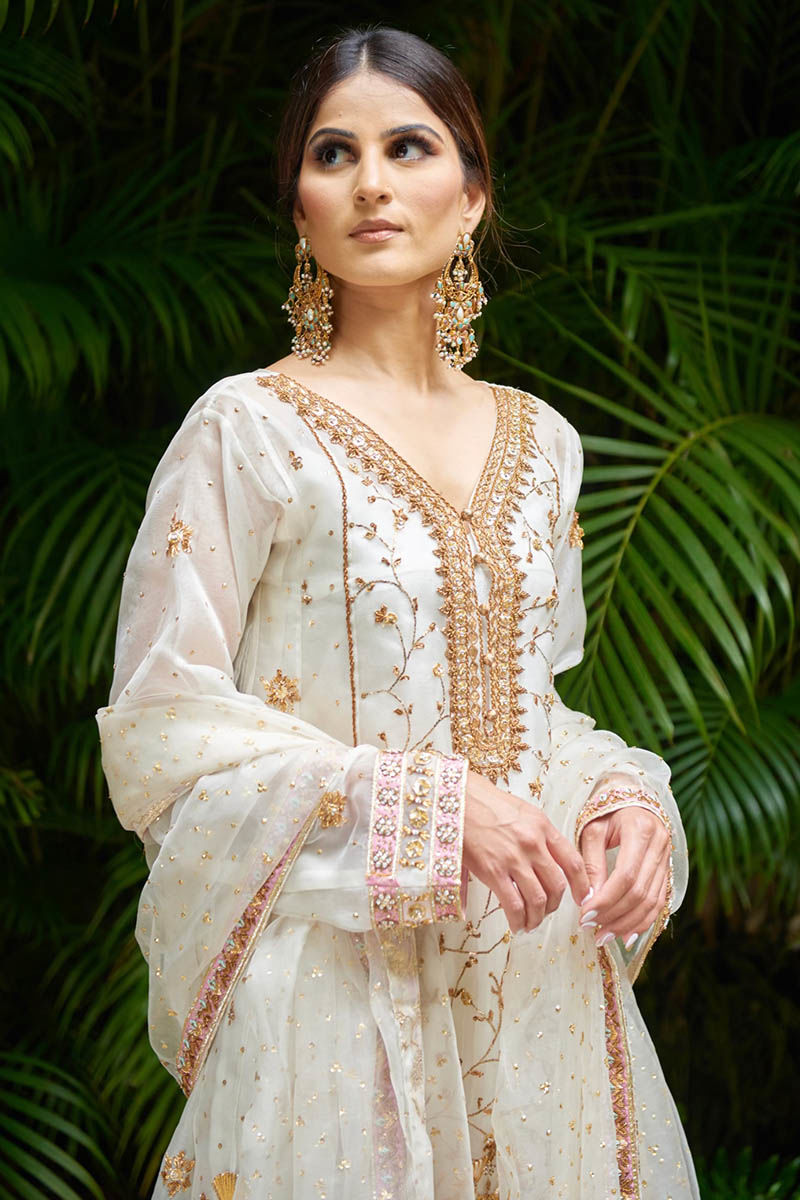 Pakistani White Zardozi Organza Salwar Kameez (3-Piece) - Image 2